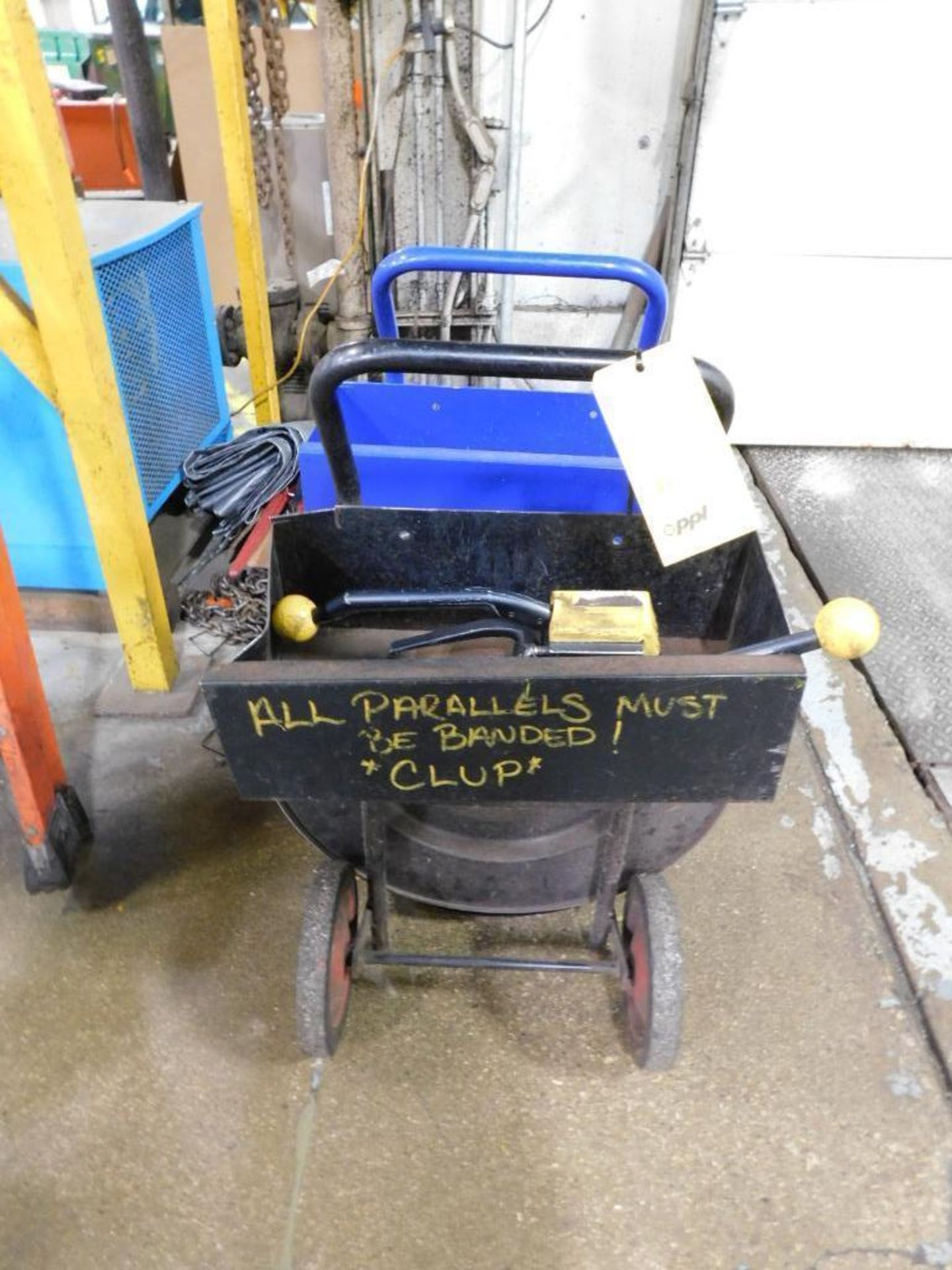 LOT: Rolling Banding Cart w/Steel Banding, Manual Fromm Strapping Tool, U-Line Rolling Banding Cart