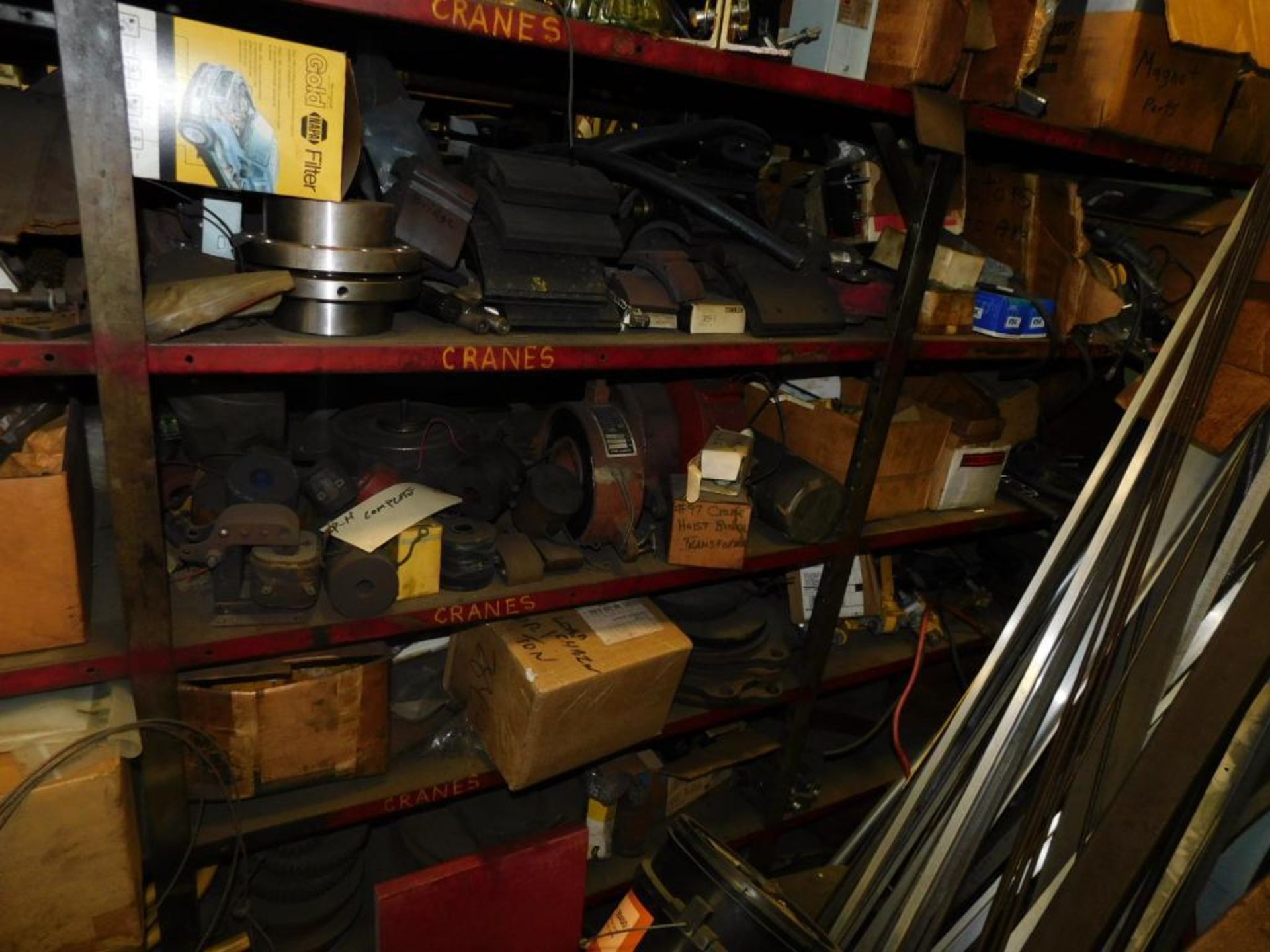 LOT: Contents of Back Maintenance Room: (2) Racks of Contents, Machine Parts, Hosing, Wire, Parts Wa - Image 12 of 16