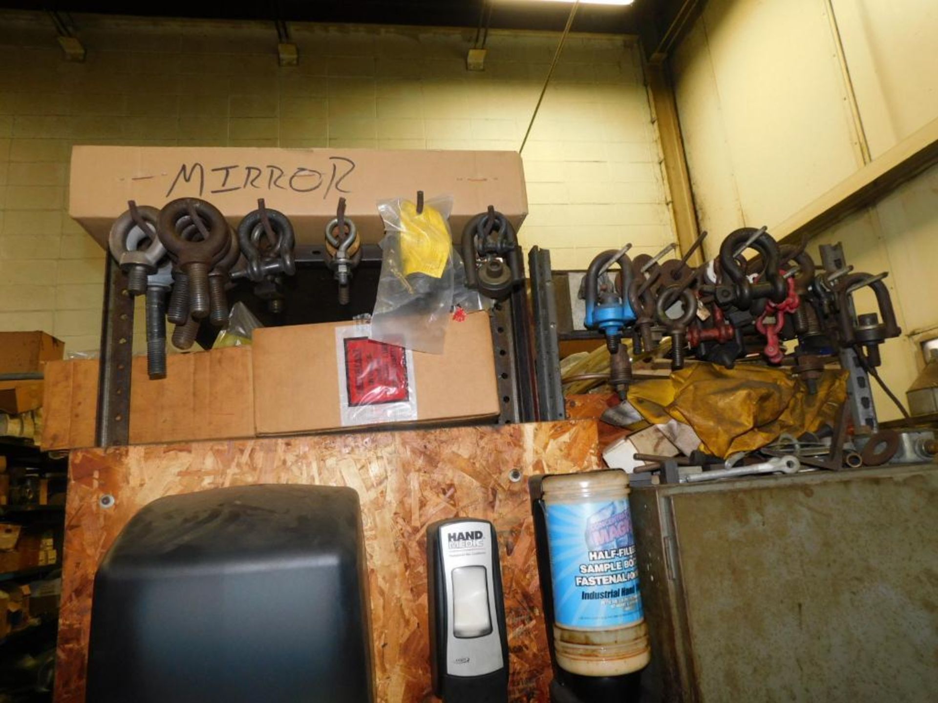 LOT: Contents of Back Maintenance Room: (2) Racks of Contents, Machine Parts, Hosing, Wire, Parts Wa - Image 9 of 16