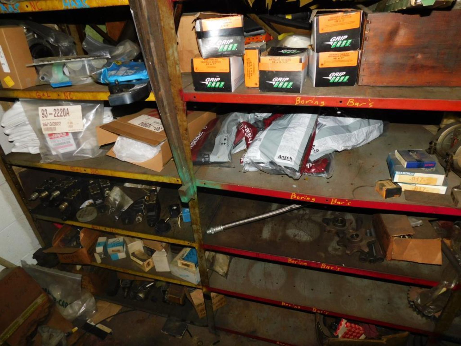 LOT: Contents of Back Maintenance Room: (2) Racks of Contents, Machine Parts, Hosing, Wire, Parts Wa - Image 6 of 16