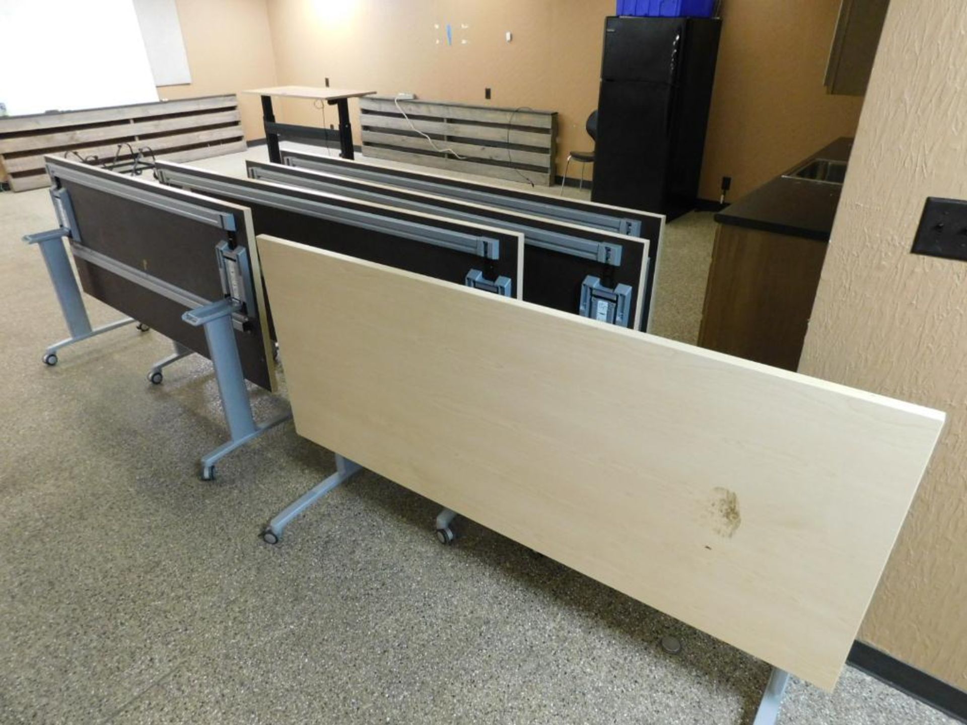 LOT: Contents of Upstairs Office: (8) Adjustable Height Rolling Tables, (28) Red Stackable Chairs, (