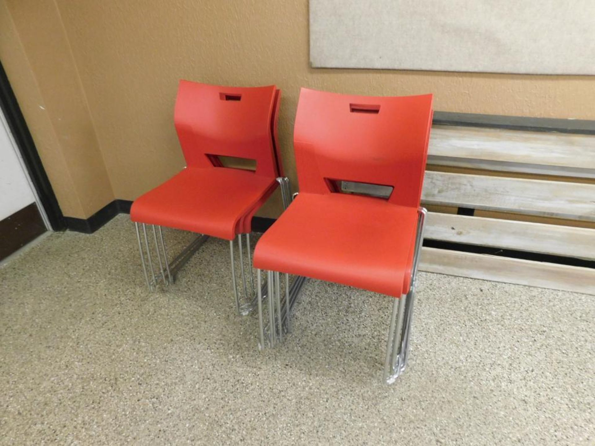 LOT: Contents of Upstairs Office: (8) Adjustable Height Rolling Tables, (28) Red Stackable Chairs, ( - Image 6 of 6