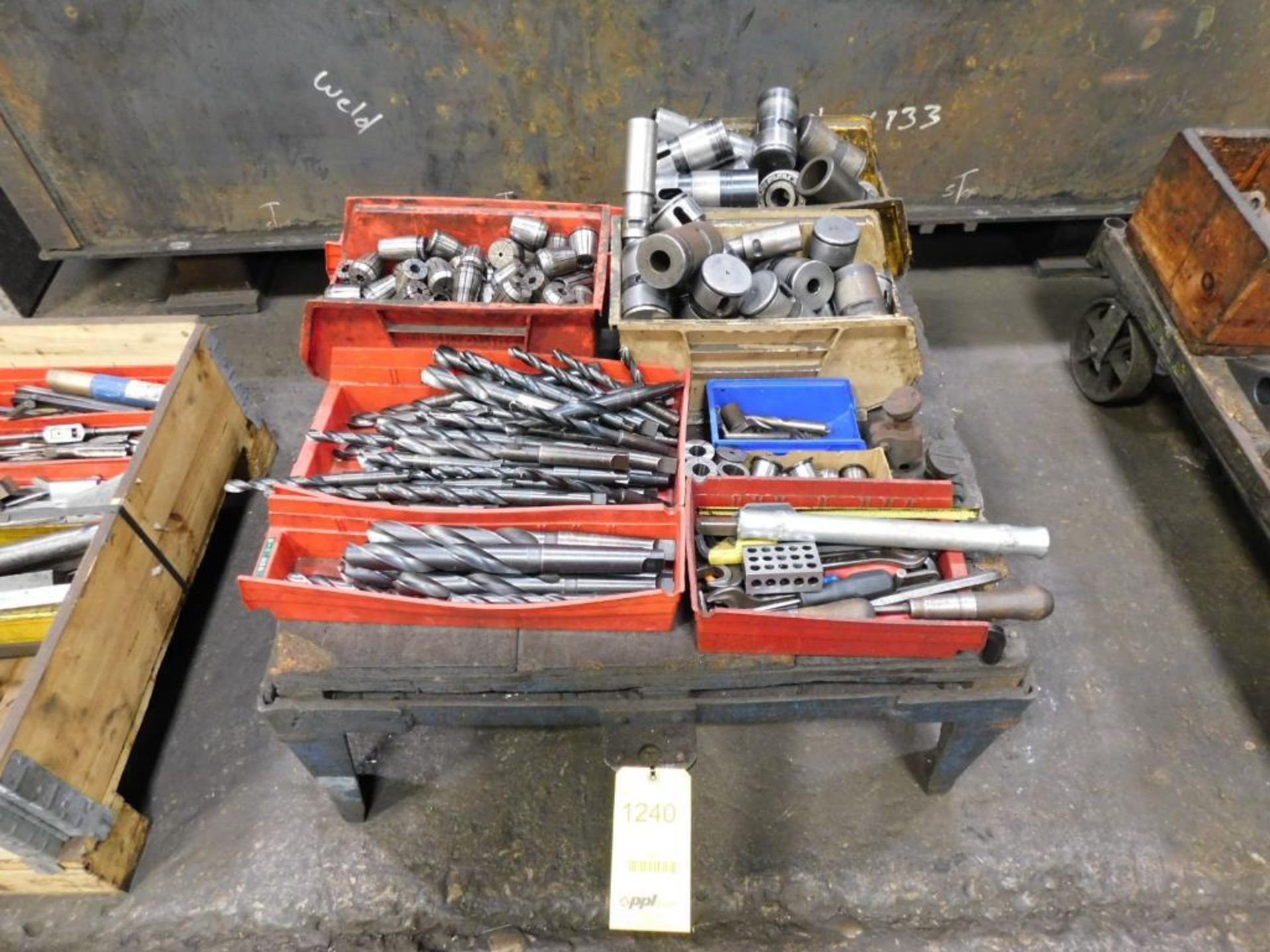 LOT: Assorted Taper Shank Drill Bits, Collets, Tool Bushings, etc. on Material Cart