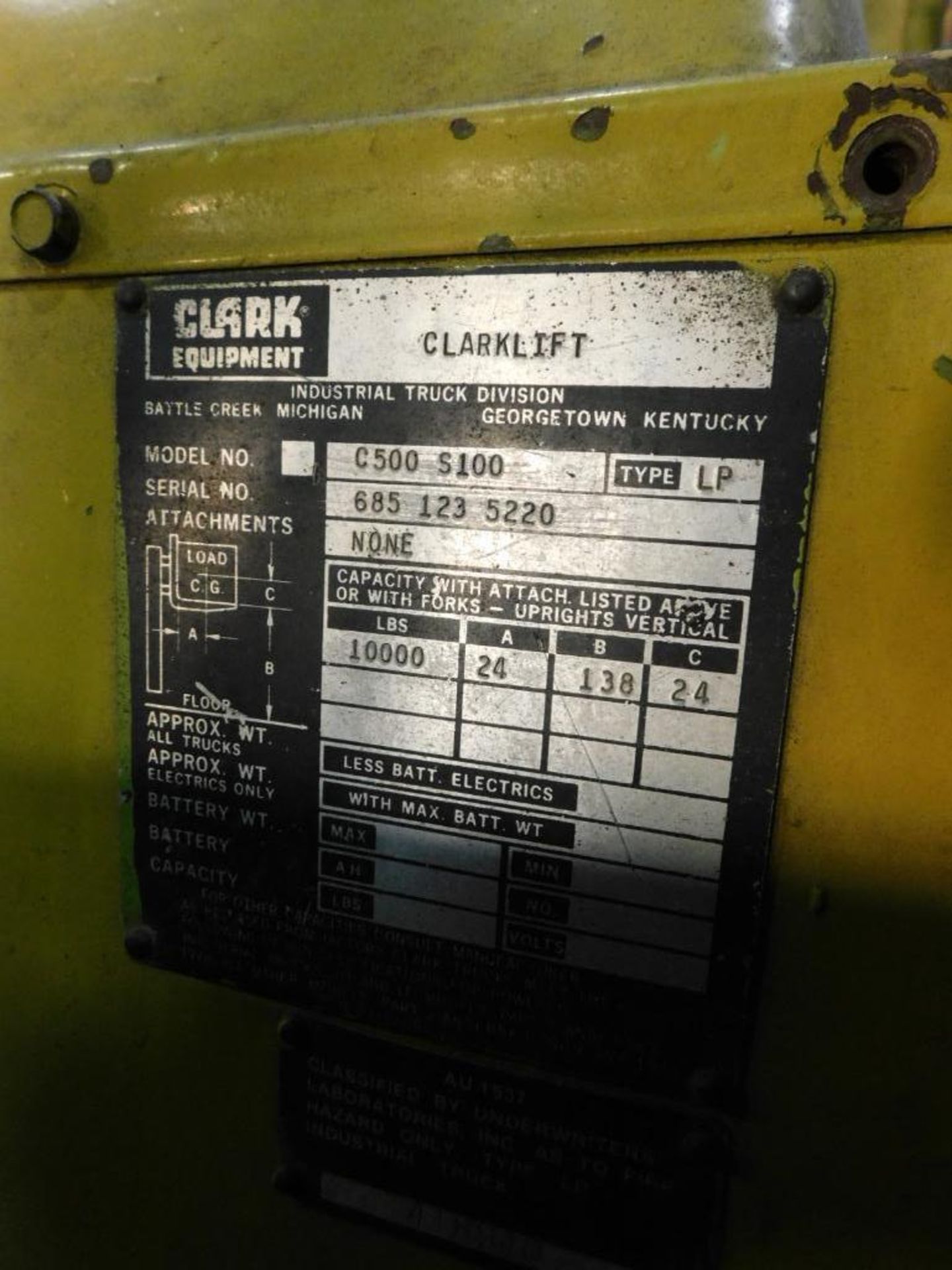 Clark 10,000 Lb. LP Forklift Model C500 S100, S/N 6851235220, Solid Tires, 161" Max Lift Height, Sin - Image 14 of 14
