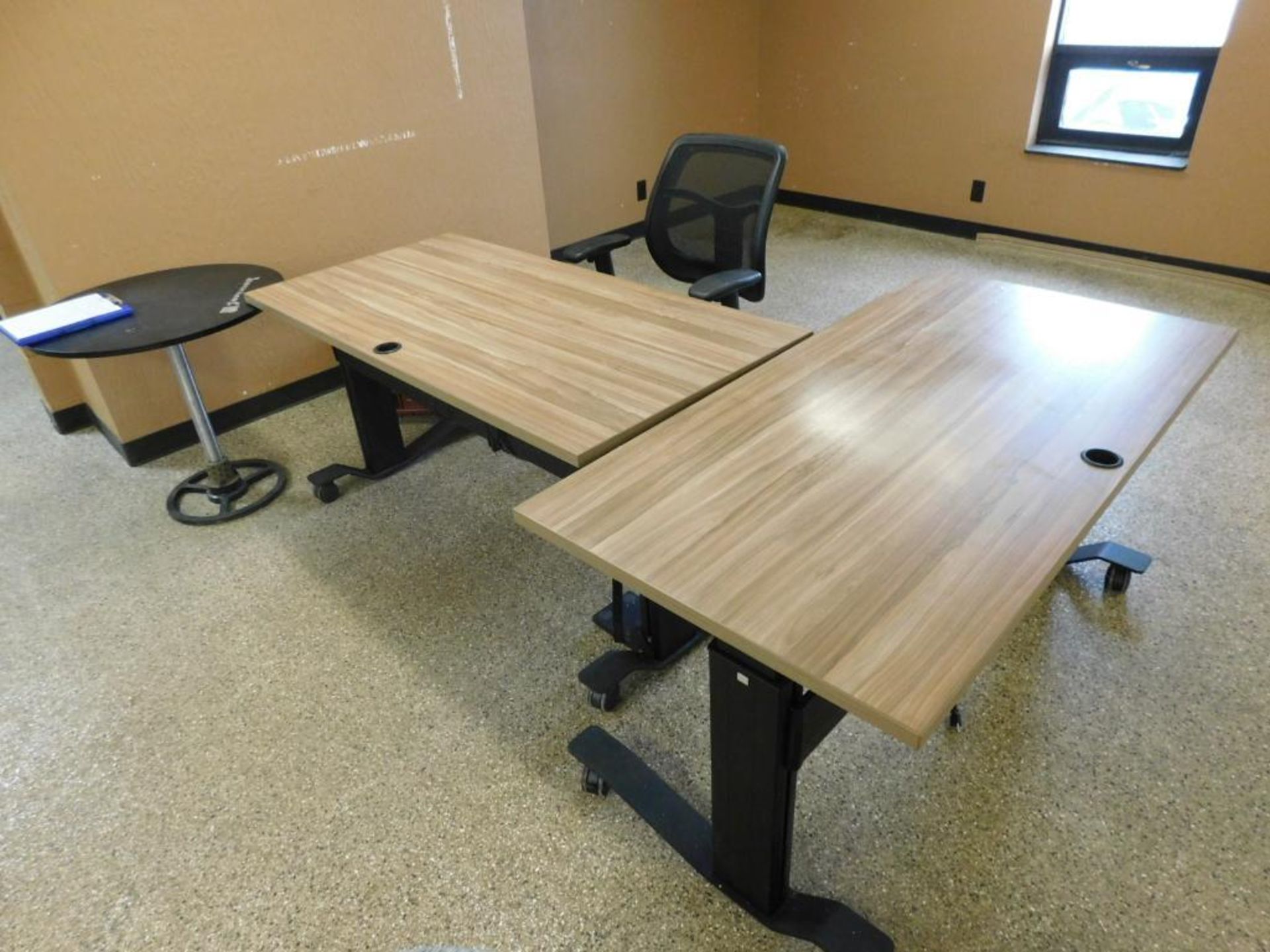 LOT: Contents of Upstairs Office: (8) Adjustable Height Rolling Tables, (28) Red Stackable Chairs, ( - Image 4 of 6