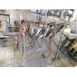 LOT: Double Sided Rolling Lifting Equipment Rack w/Assorted Chain Lifting Slings