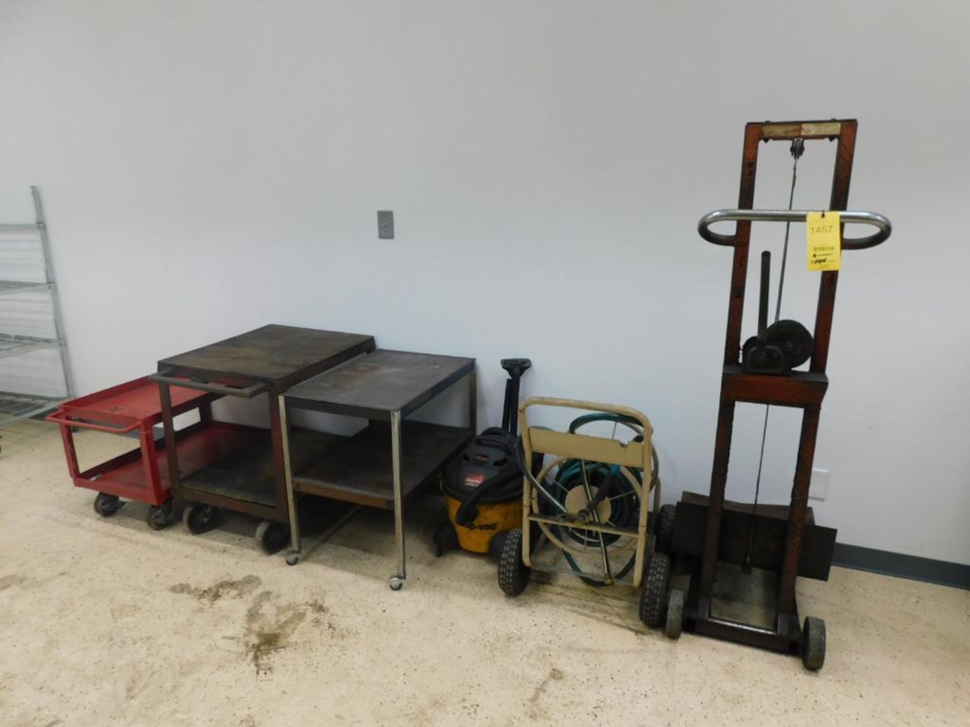 LOT: Manual Stacker, Hose Reel, Shop Vac, (3) Carts