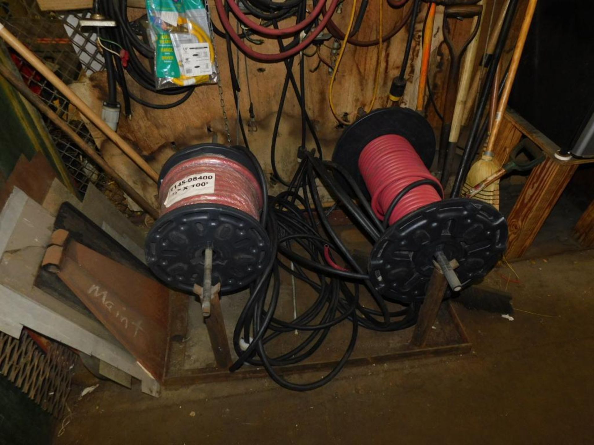 LOT: Contents of Back Maintenance Room: (2) Racks of Contents, Machine Parts, Hosing, Wire, Parts Wa - Image 15 of 16