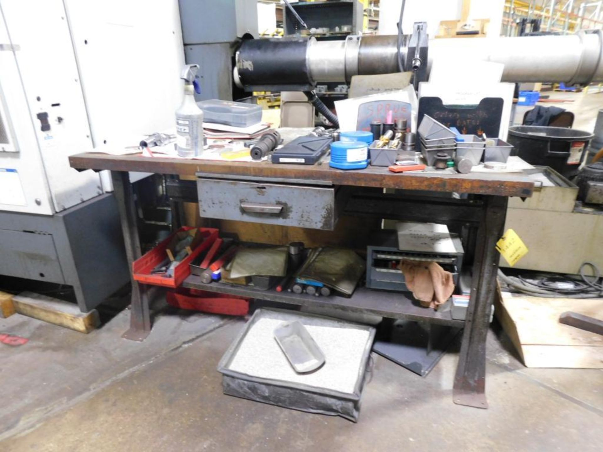 LOT: (3) Workbenches, Cabinet, Shelf, Wood Table (NO CONTENTS) (DELAYED REMOVAL, CONTACT SITE MANAGE