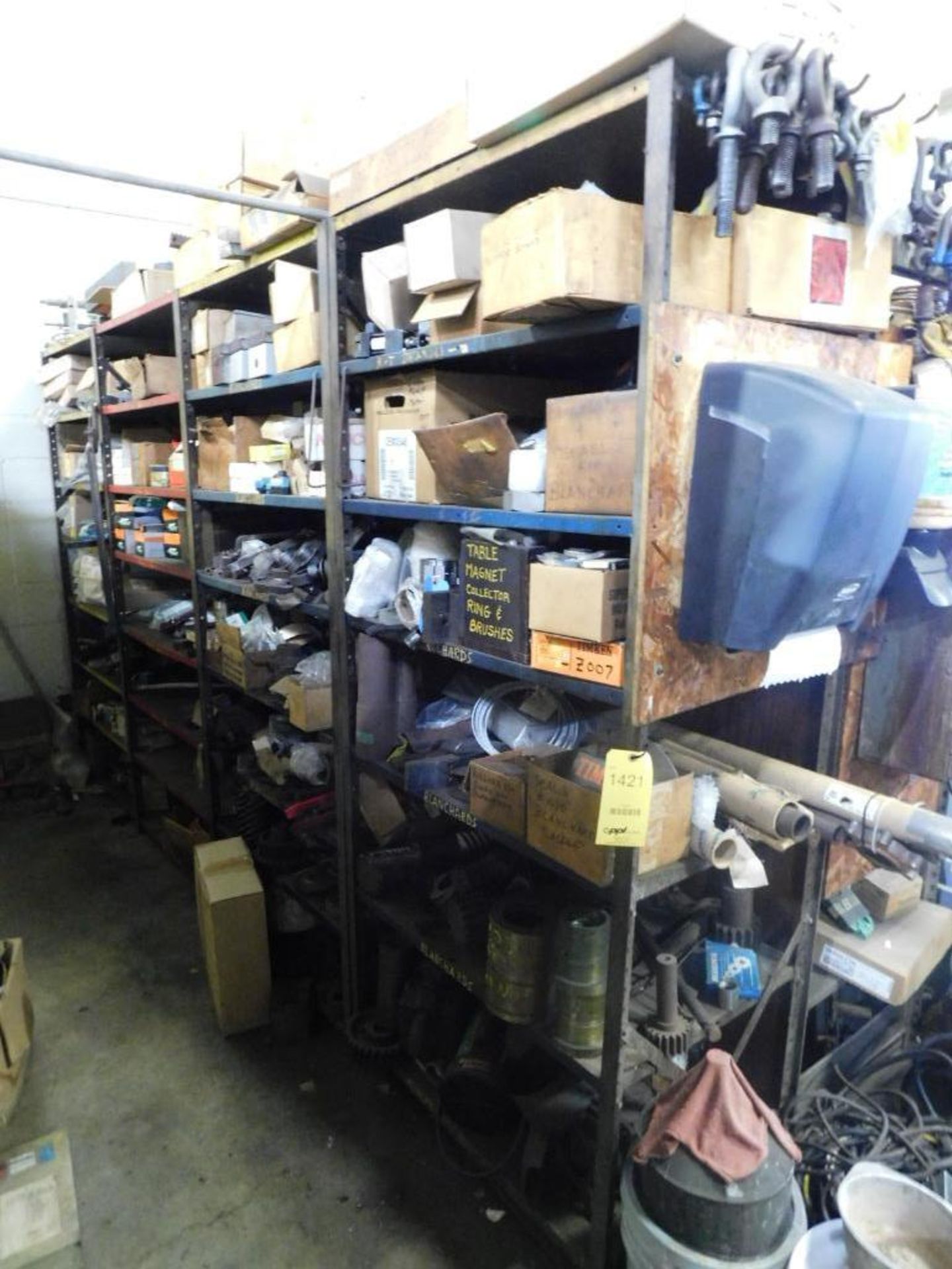 LOT: Contents of Back Maintenance Room: (2) Racks of Contents, Machine Parts, Hosing, Wire, Parts Wa