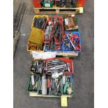 LOT: Assorted Large Roughing Endmills, Taps, Spade Drills, Taper Shank Drill Bits, Chuck Keys, Wrenc