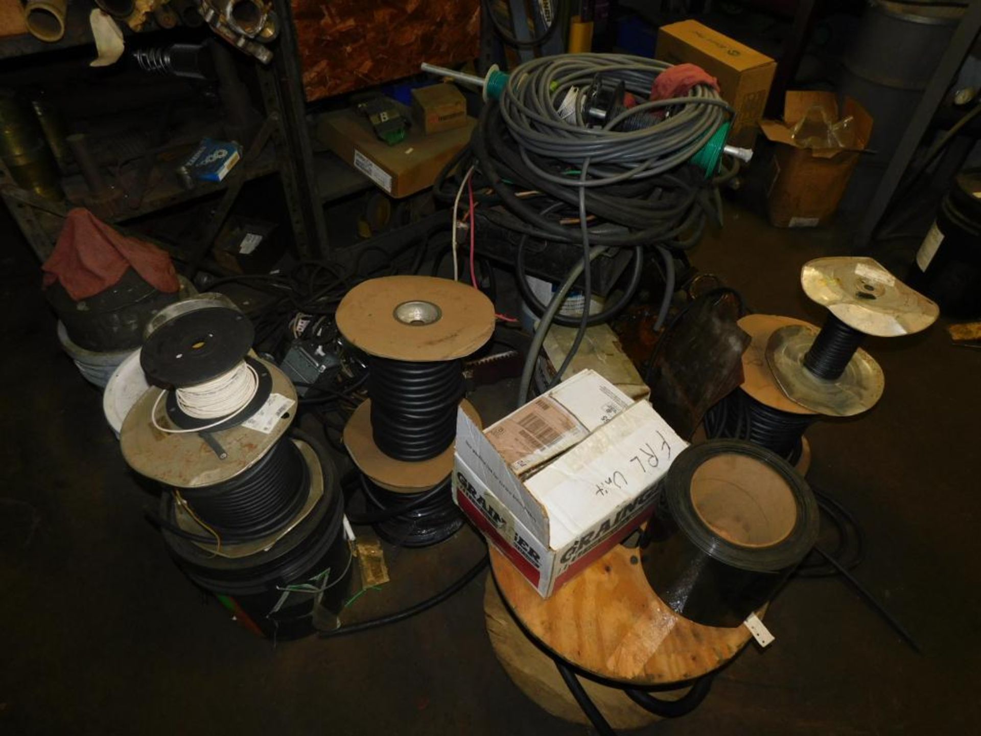 LOT: Contents of Back Maintenance Room: (2) Racks of Contents, Machine Parts, Hosing, Wire, Parts Wa - Image 8 of 16