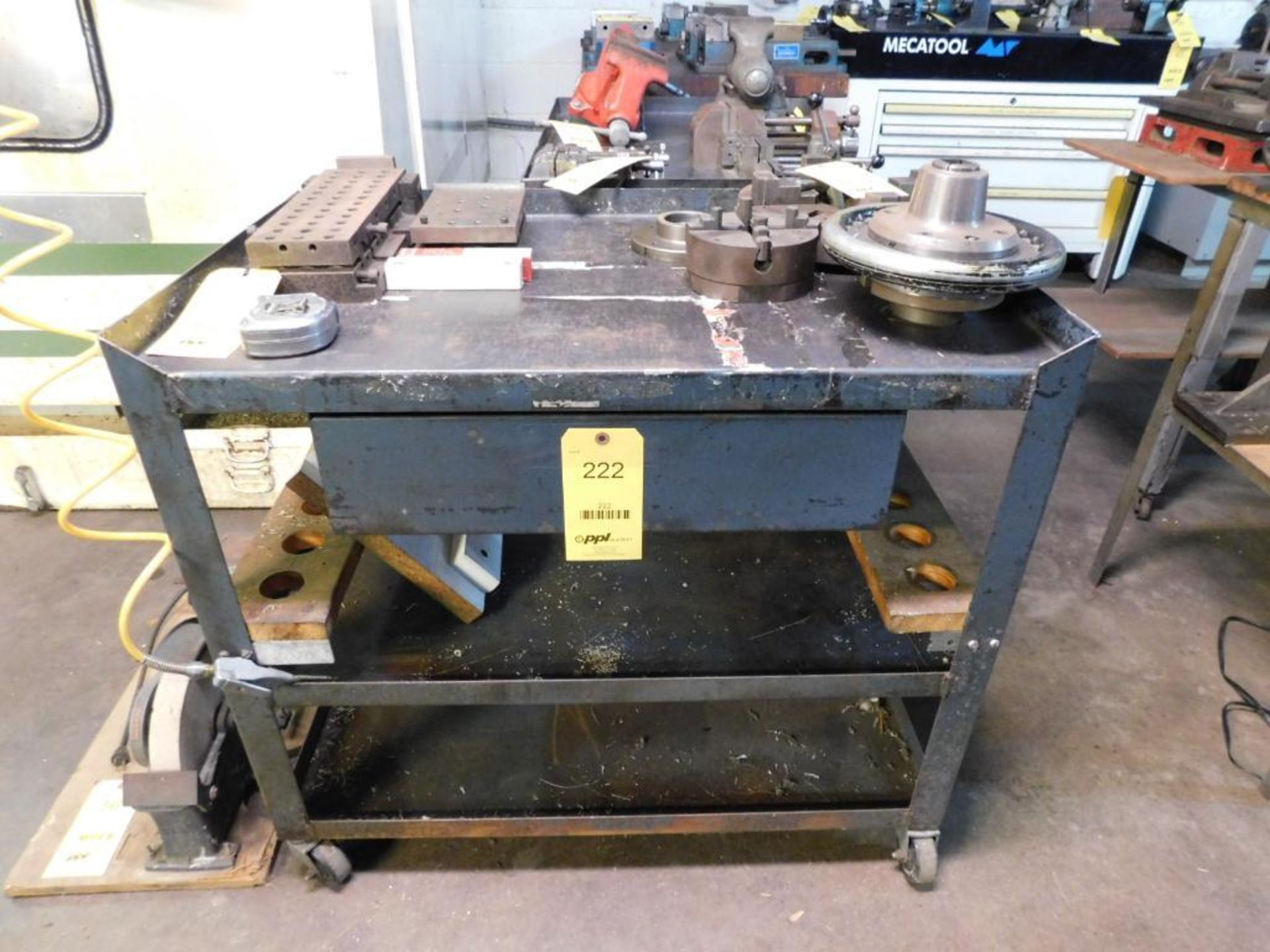 LOT: (2) 3-Tier Rolling Shop Carts, (1) Rolling Shop Cabinet (NO CONTENTS)