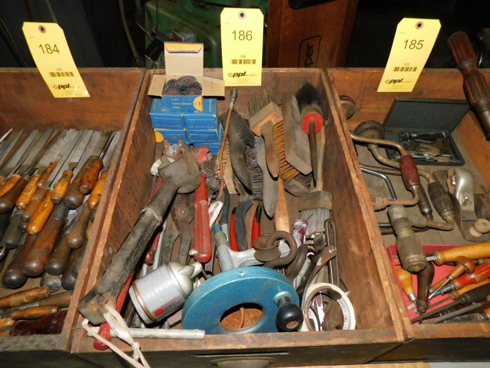 LOT: Assorted Tools, Wood Handle Brushes, (7) Unused Boxes of 10-Set Desmond Huntington Cutters