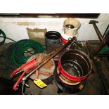 LOT: Oil Rag Waste Cans, Oil Pumps, Hose, Buckets, (7) Grease Guns