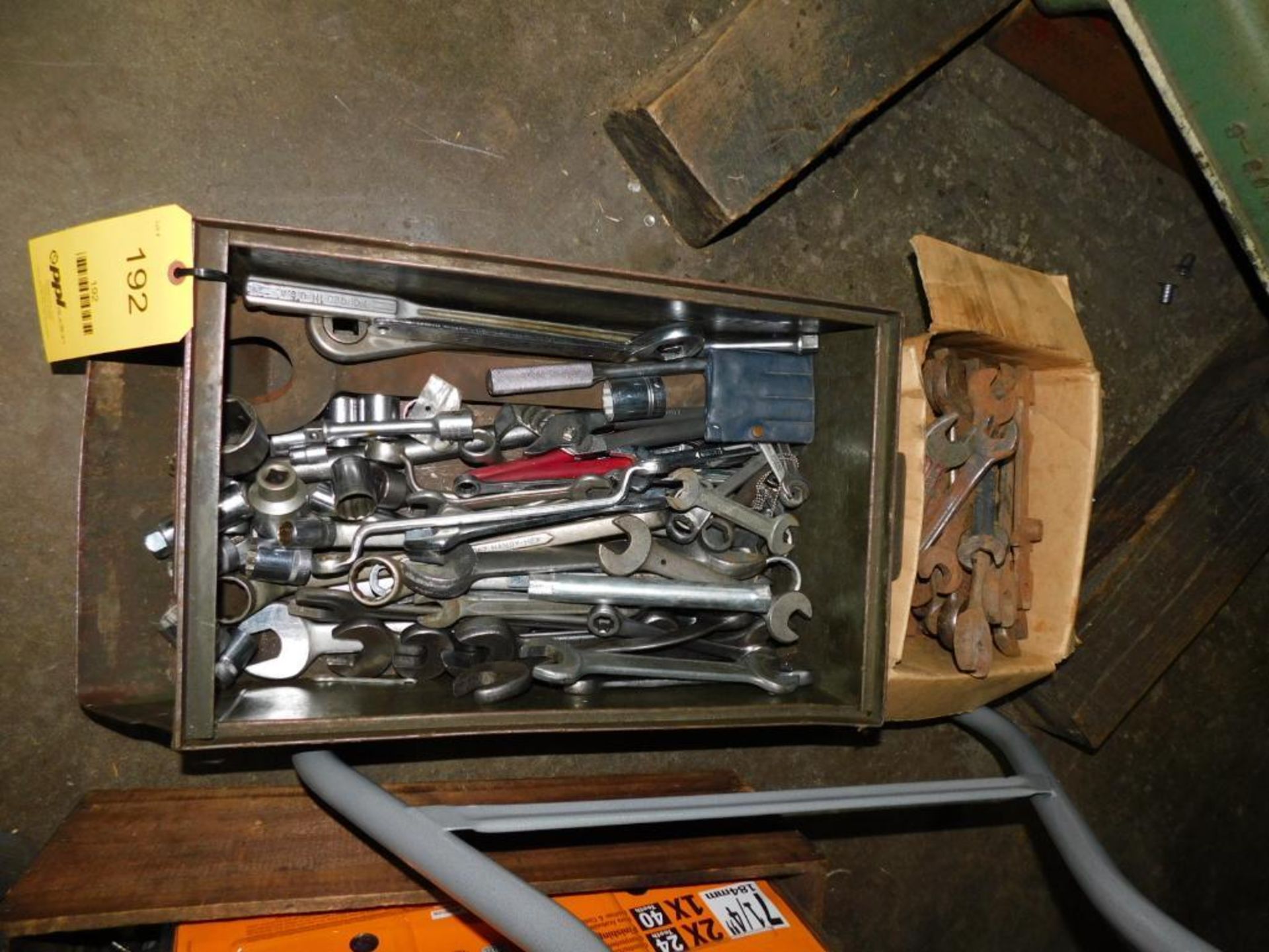 LOT: Assorted Wrenches, Sockets in Metal Tub