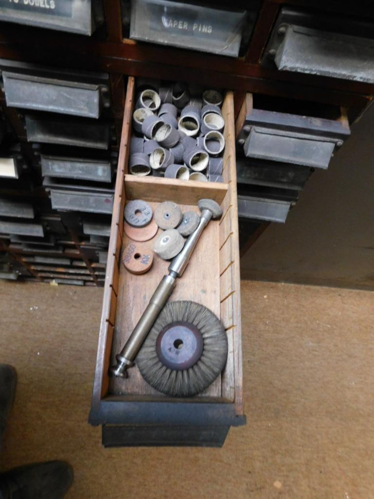 LOT: (4) Vintage Stackable 16-Drawer Wood Cabinets w/Contents, Roll Pins, Keys, Dowels, Stones, Pins - Image 8 of 11