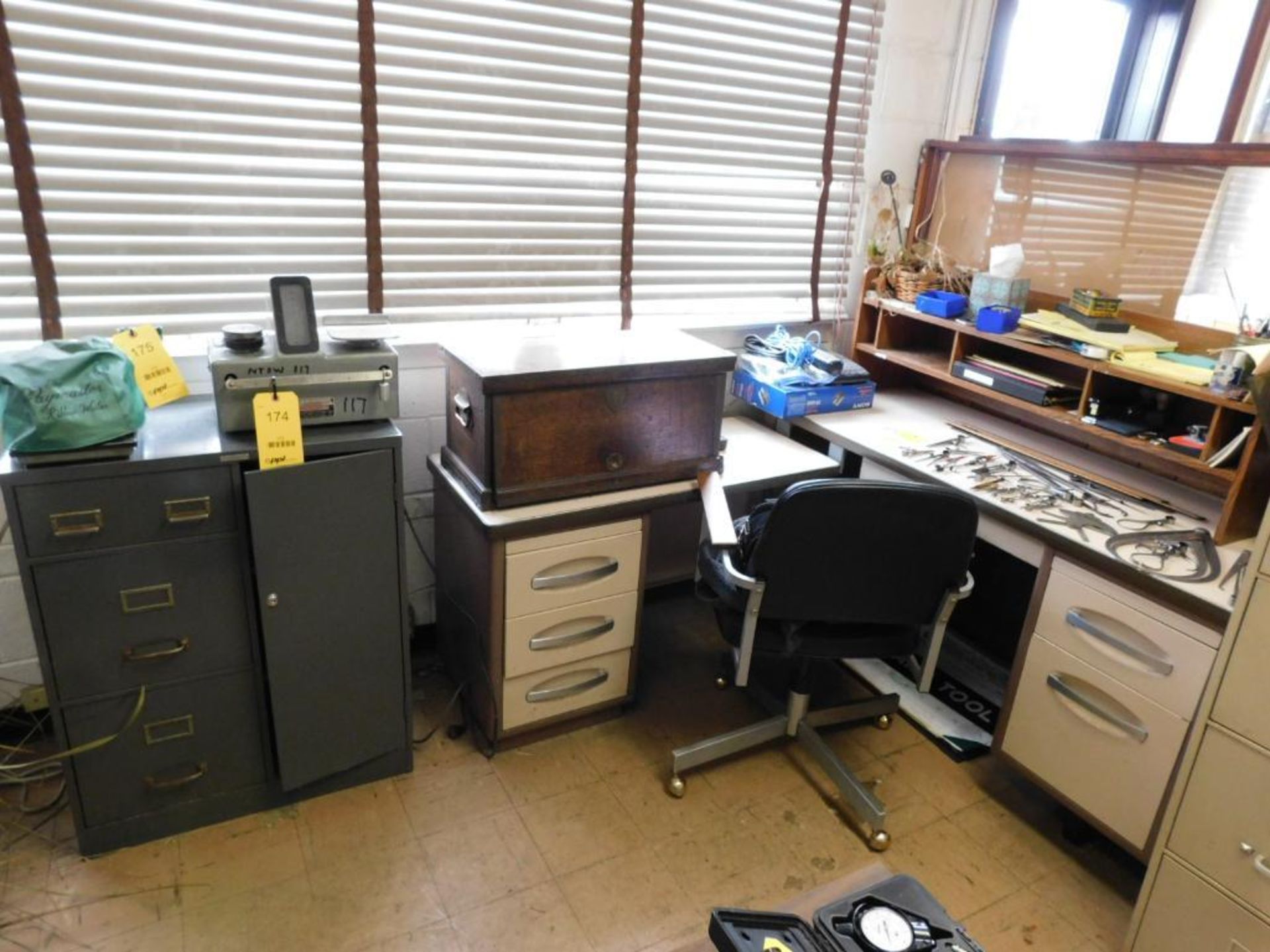 LOT: Contents of Front Office: (4) Assorted Desks, Filing Cabinets, Microwave, Fan, (2) Dehumidifier - Image 2 of 9