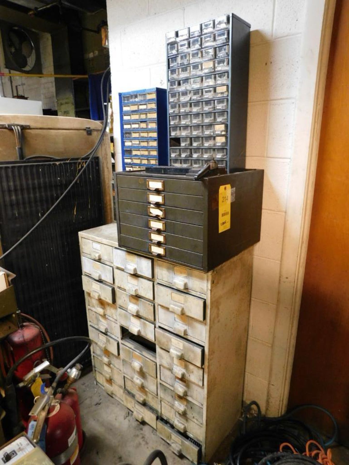 LOT: (27) Drawer Parts/Hardware Cabinet w/Contents: Springs, Fuses, Washers, Hardware, Copper Tubing