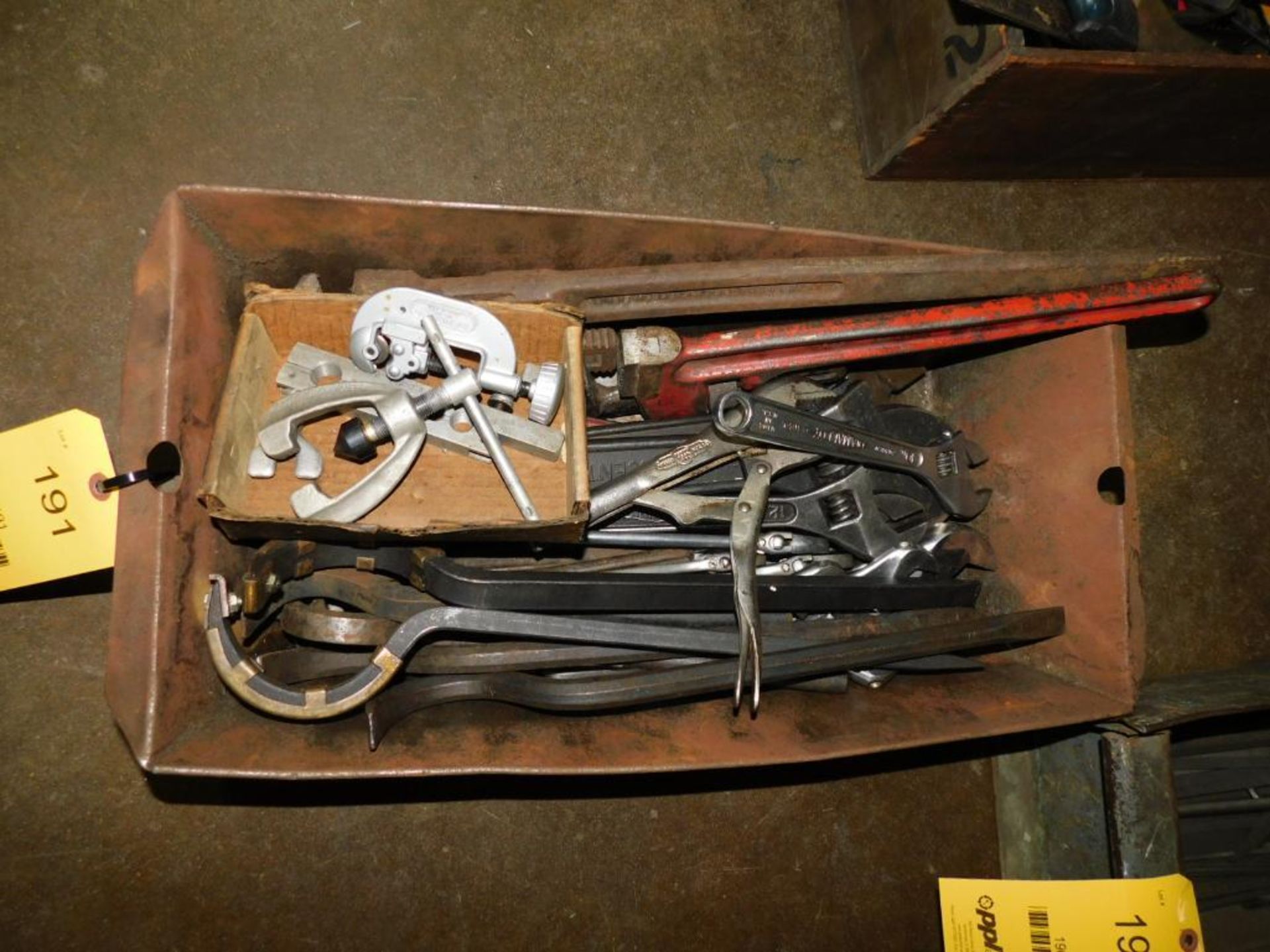 LOT: Assorted Pipe Wrenches, Adjustable Wrenches, Spanner Wrenches, Pipe Cutter, etc. in Metal Tubs