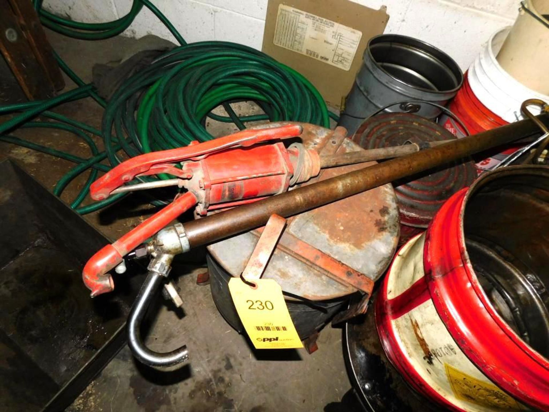 LOT: Oil Rag Waste Cans, Oil Pumps, Hose, Buckets, (7) Grease Guns - Image 2 of 7