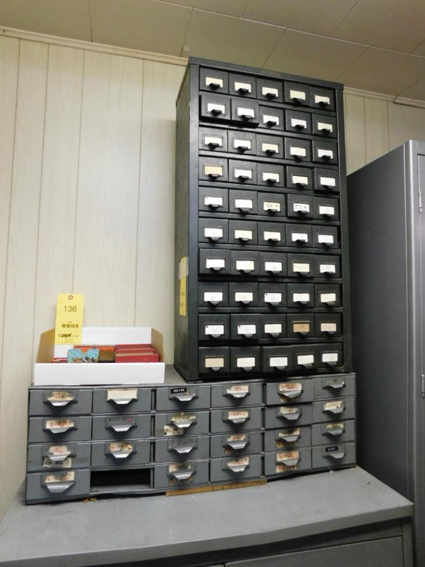 LOT: (1) 50-Drawer Parts/Hardware Cabinet w/Contents: Assorted Flat Head Sockets Cap Screw Bolts, So