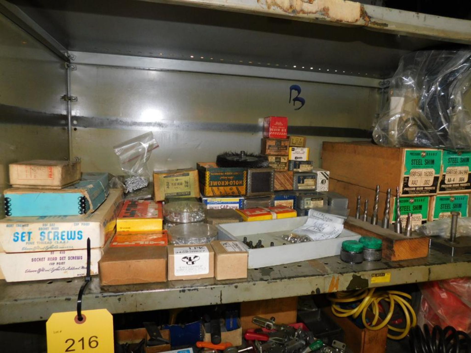 LOT: Metal Shelf w/Contents of Assorted Hardware, Steel Shim, Clamping Accessories, Hold Down Hardwa - Image 2 of 10