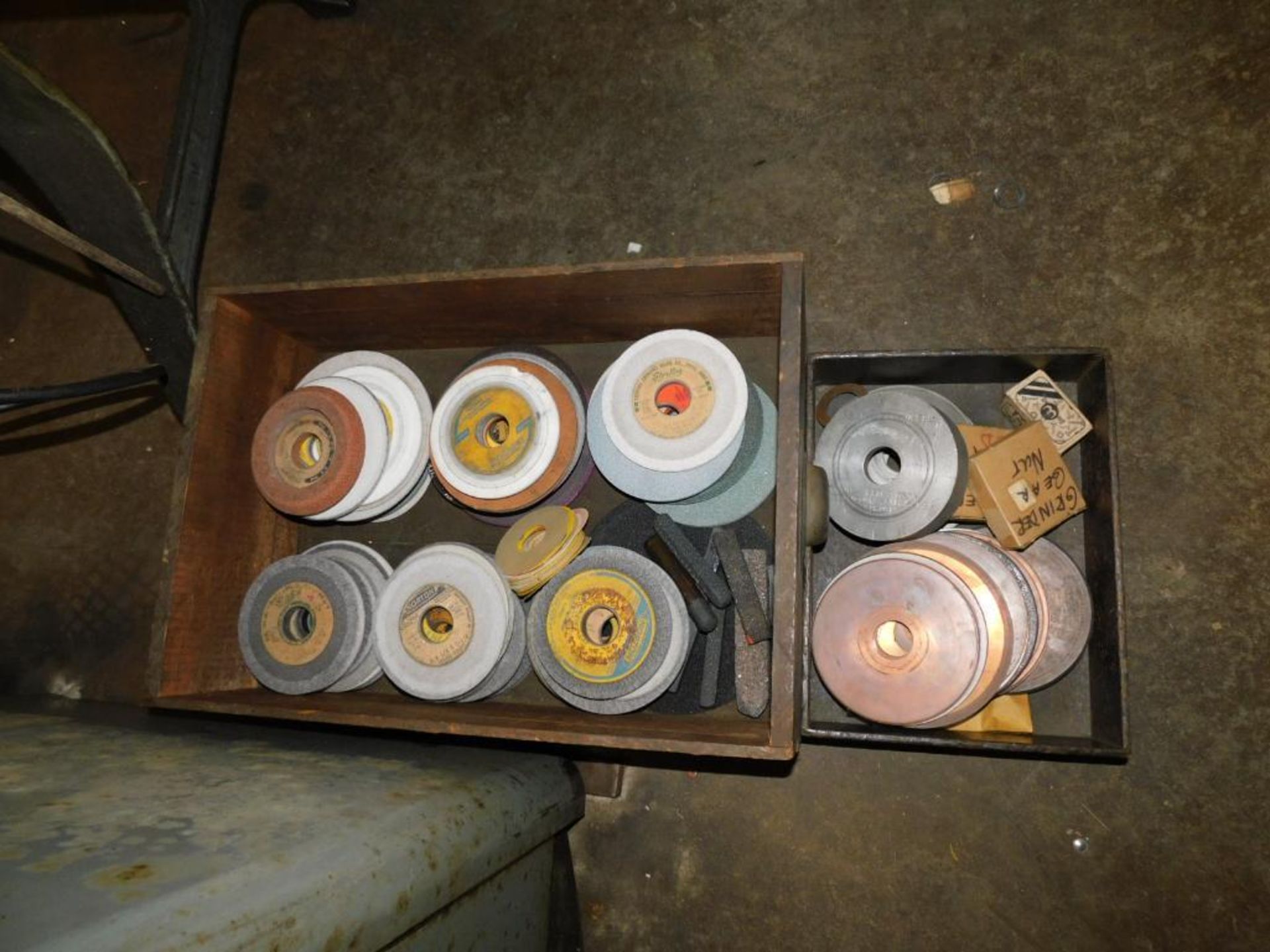 LOT: Assorted Grinding Wheels in Vintage Wood Drawer