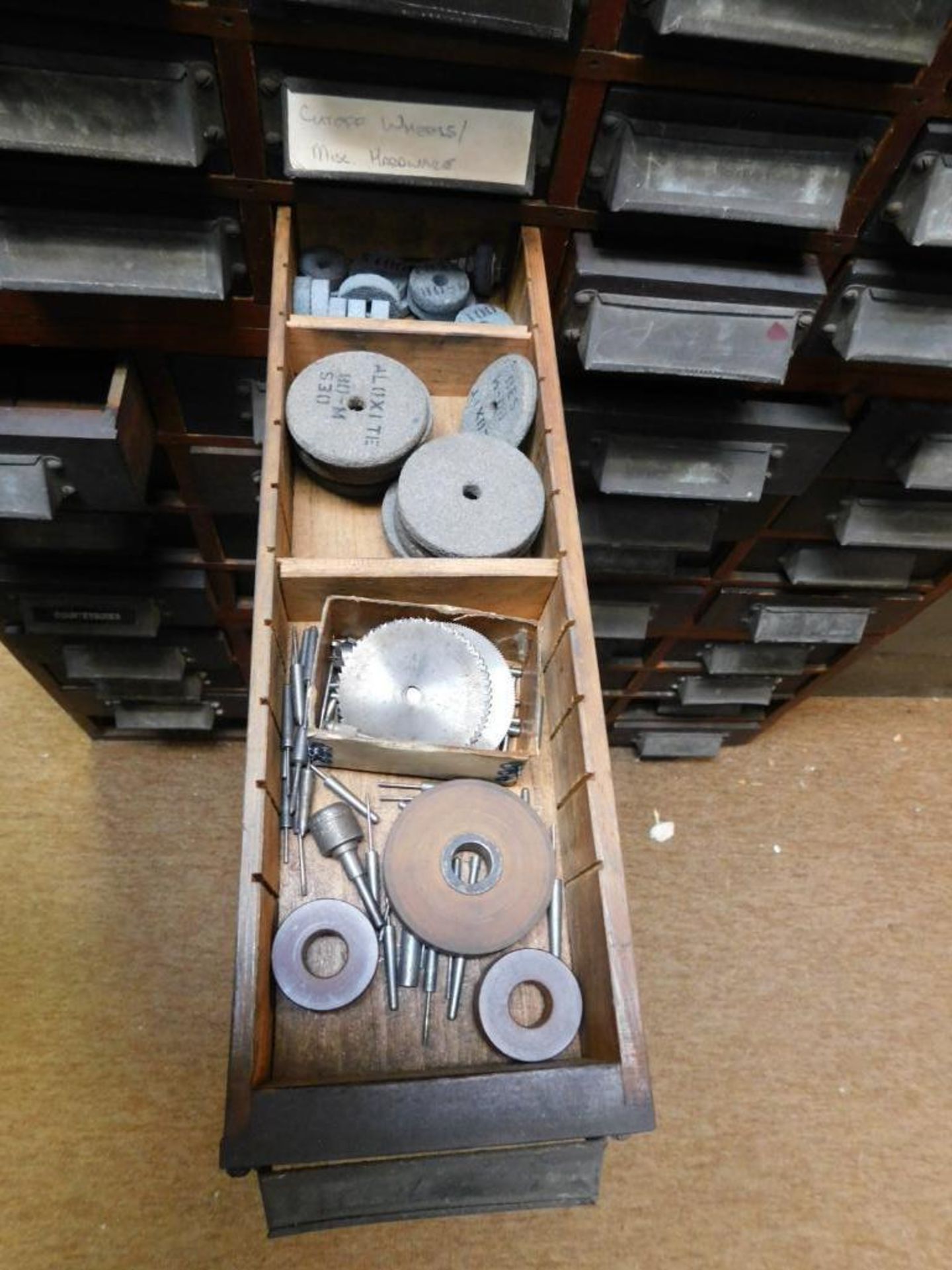 LOT: (4) Vintage Stackable 16-Drawer Wood Cabinets w/Contents, Roll Pins, Keys, Dowels, Stones, Pins - Image 10 of 11