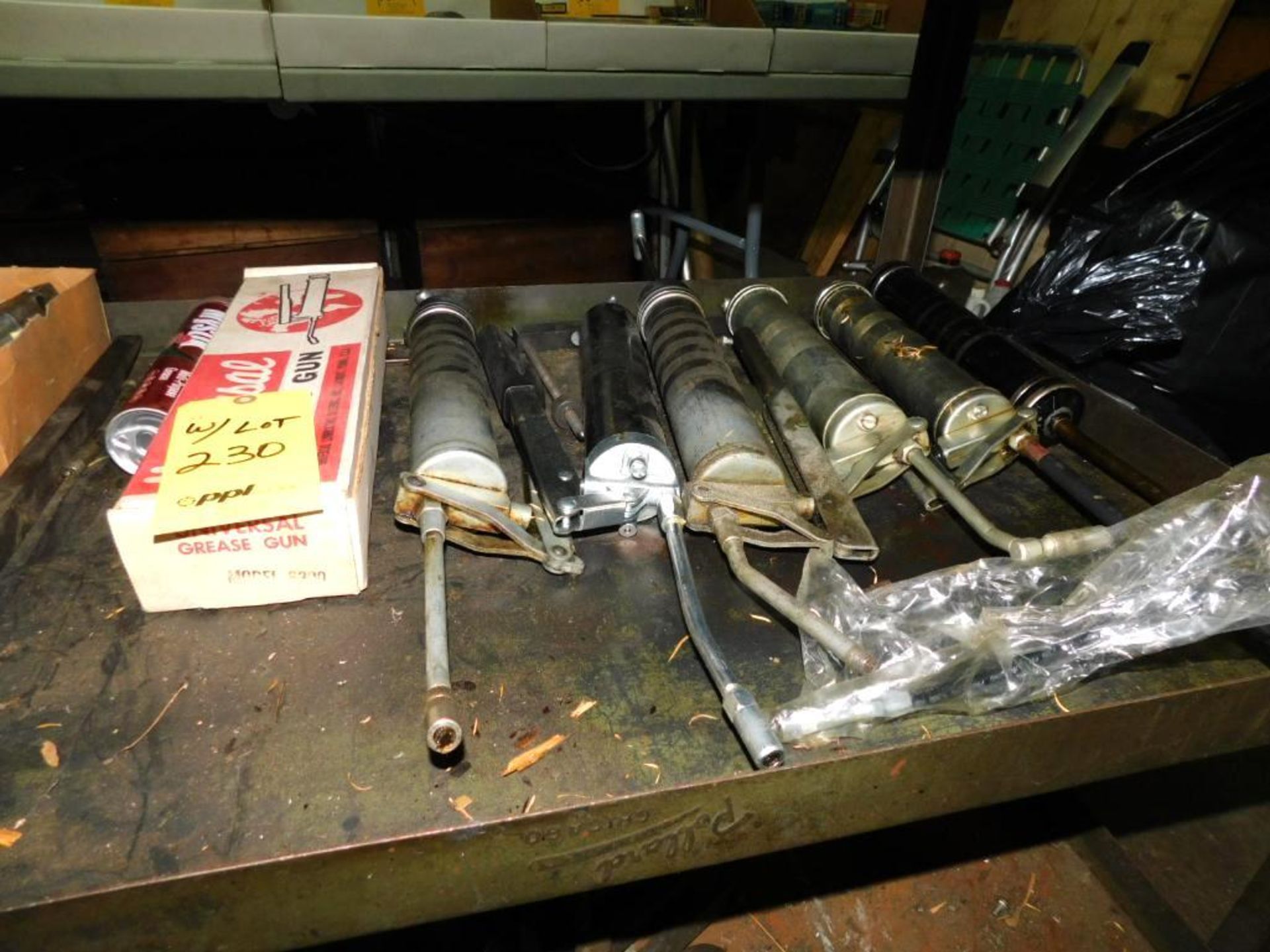 LOT: Oil Rag Waste Cans, Oil Pumps, Hose, Buckets, (7) Grease Guns - Image 7 of 7