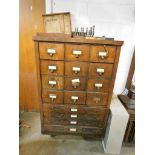 Metal Office Vintage Wood 16-Drawer Cabinet on Steel Castors w/Contents (NO CONTENTS ON TOP)