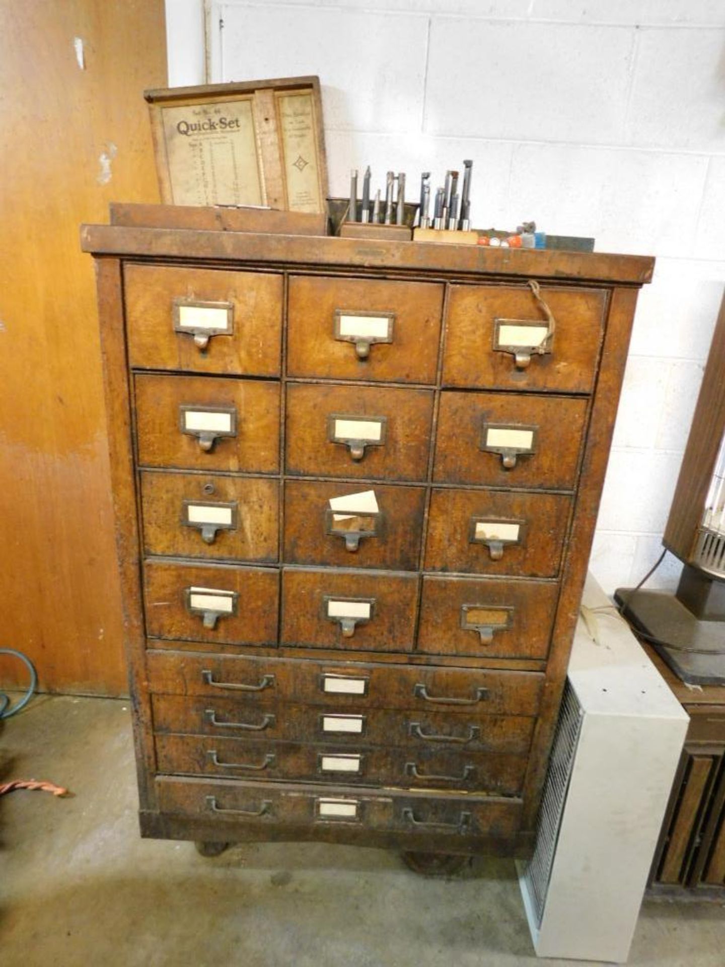 Metal Office Vintage Wood 16-Drawer Cabinet on Steel Castors w/Contents (NO CONTENTS ON TOP)