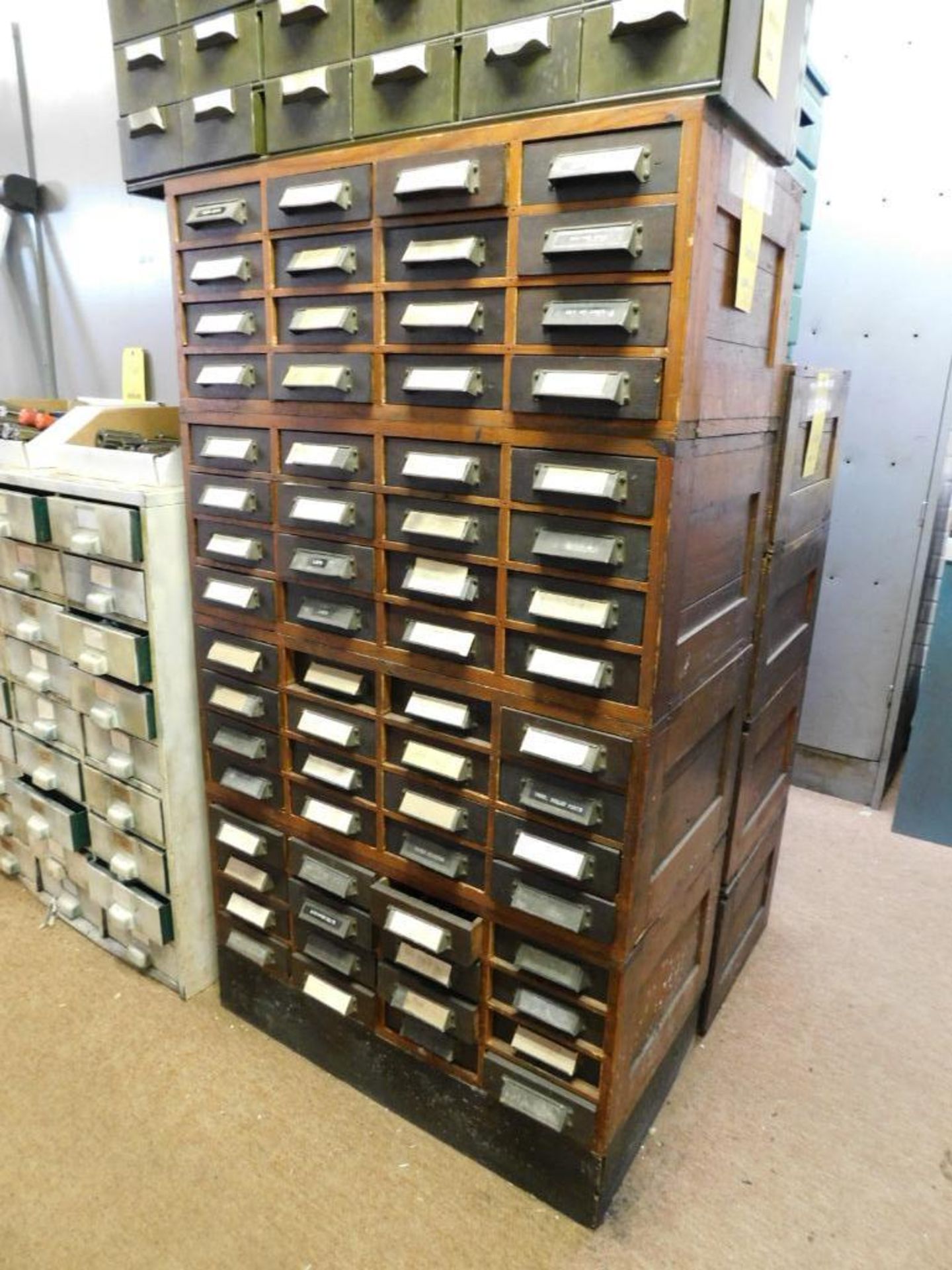 LOT: (4) Vintage Stackable 16-Drawer Wood Parts Cabinets w/Contents of Assorted Hardware, Nuts, Bolt