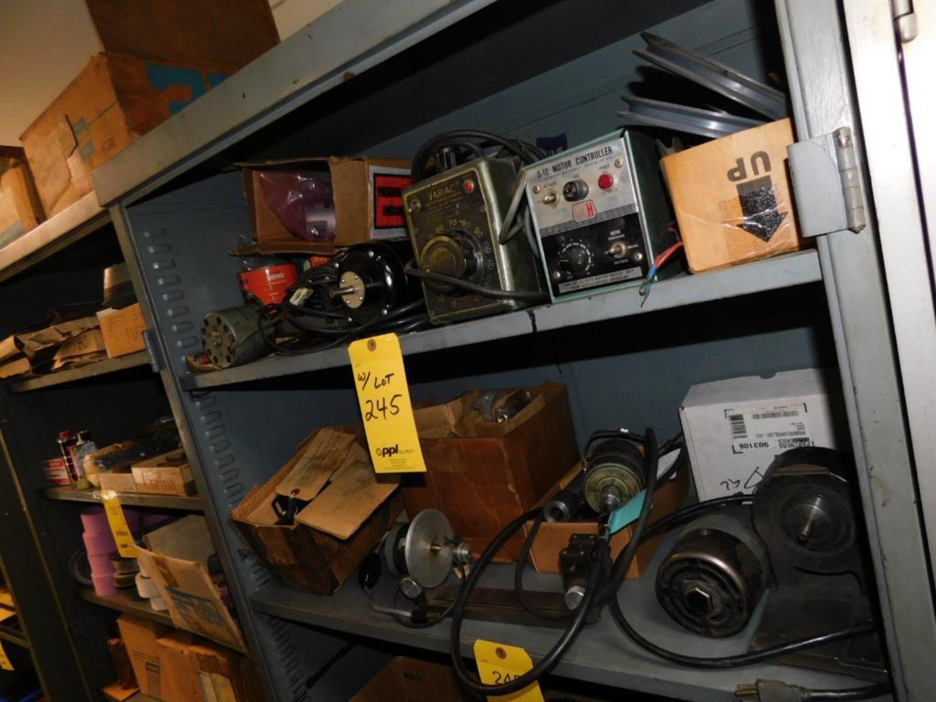 LOT: Contents of (2) Shelves: Electric Motor, Tool Post Grinder, Auto Transformer, Motor Controller,