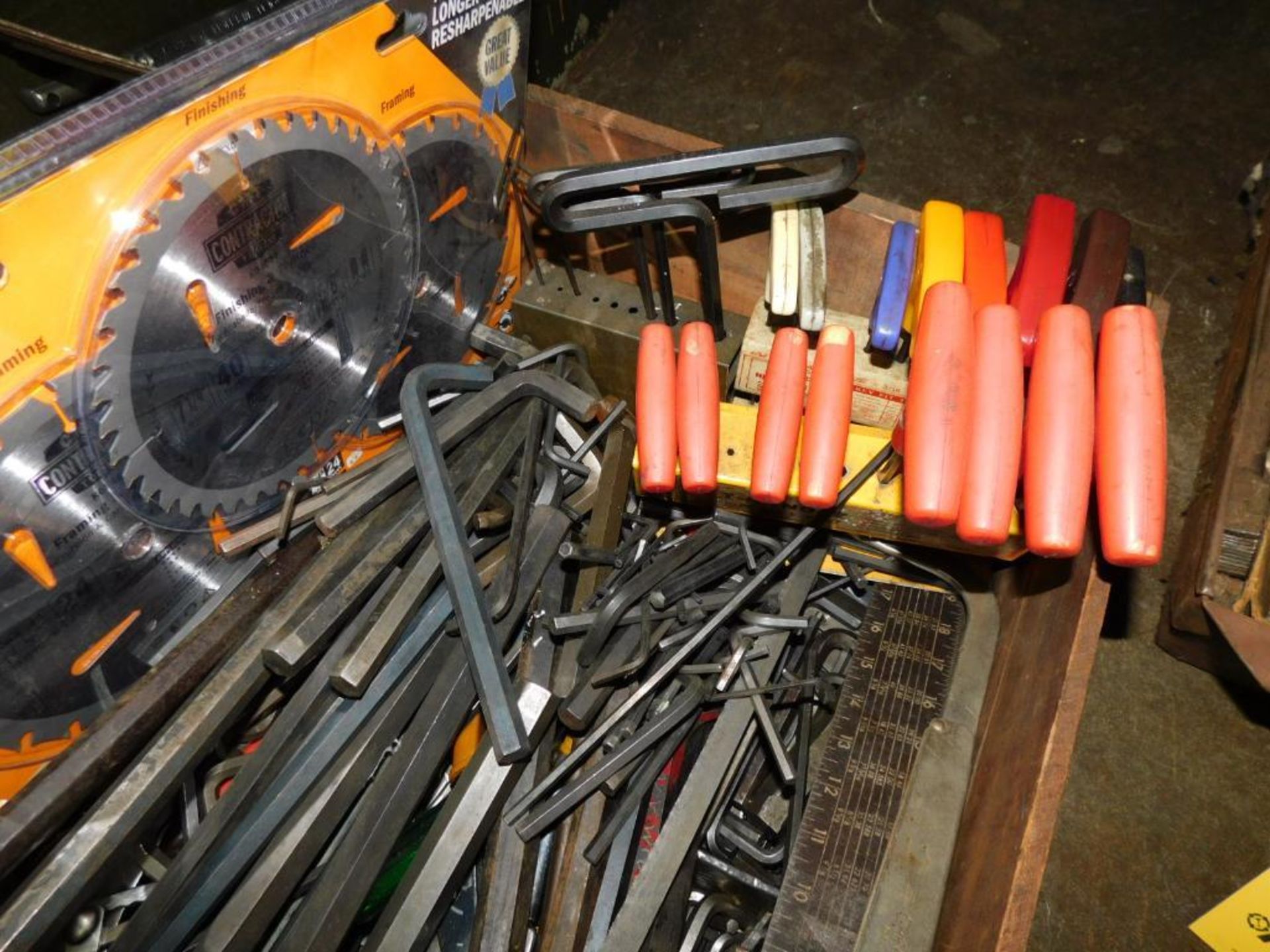 LOT: Assorted Allen Wrenches, Screw Drivers, Cutters, Hack Saw, Square, etc. in Vintage Wood Drawer - Image 4 of 6