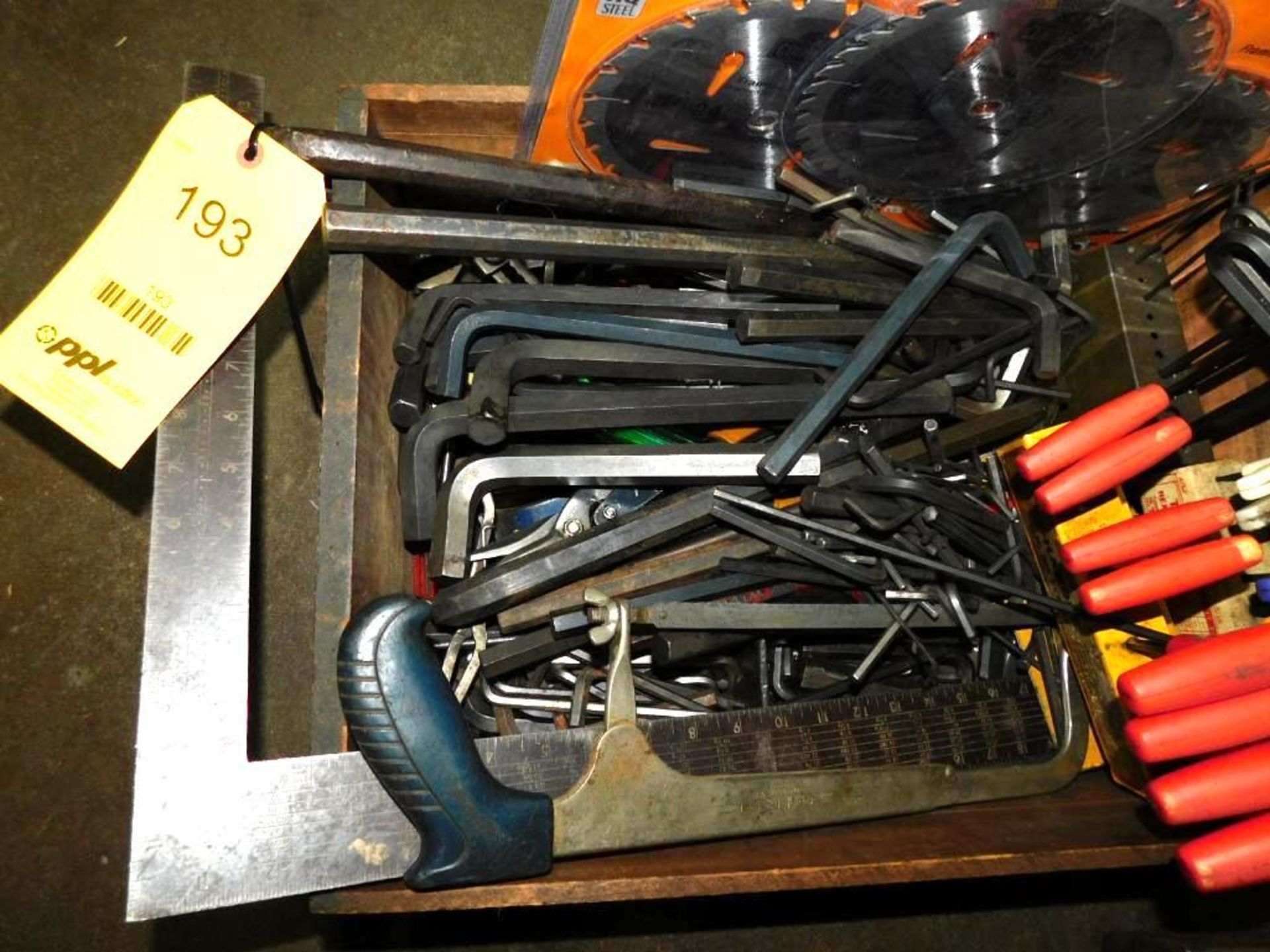 LOT: Assorted Allen Wrenches, Screw Drivers, Cutters, Hack Saw, Square, etc. in Vintage Wood Drawer - Image 3 of 6