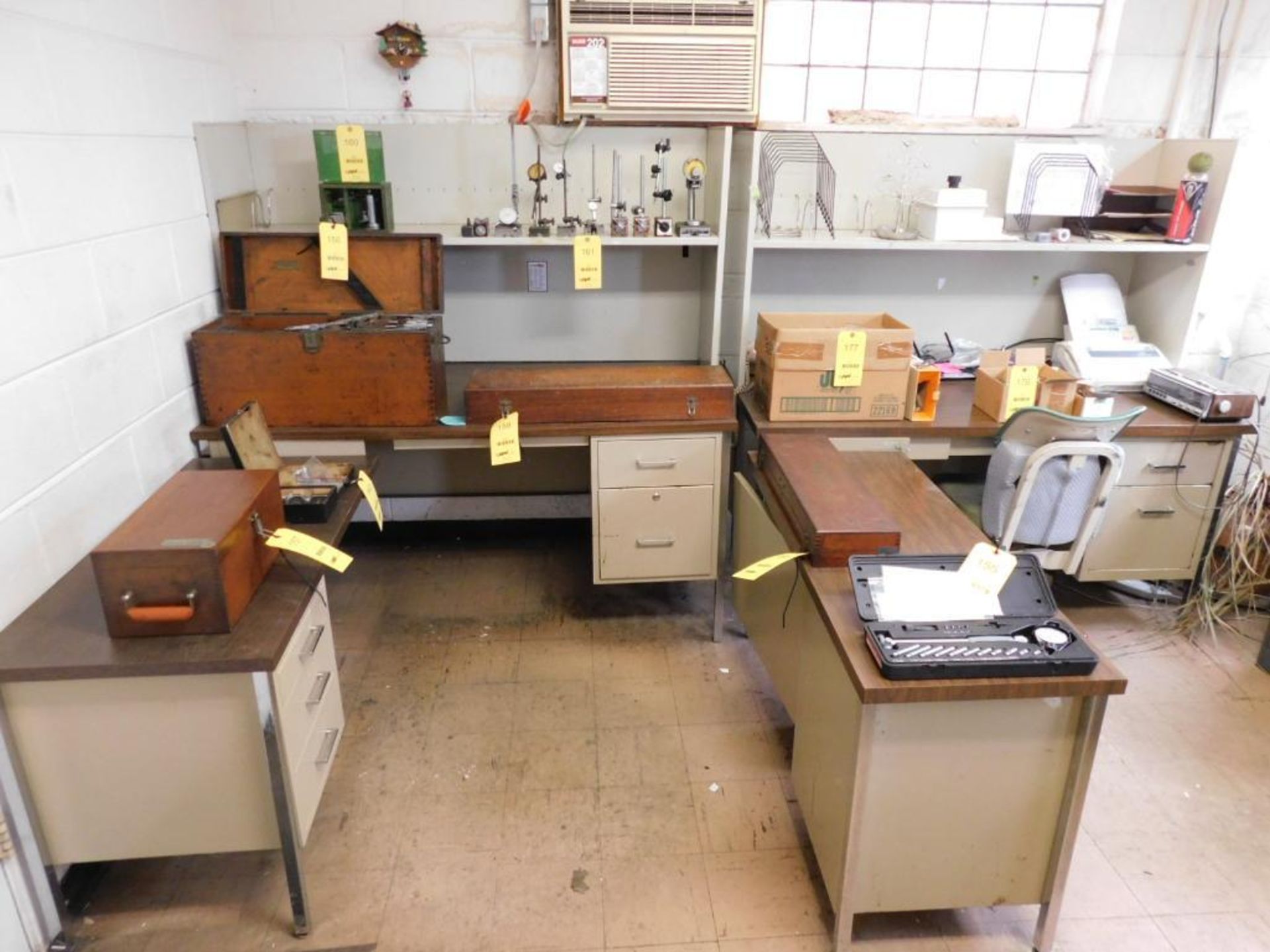 LOT: Contents of Front Office: (4) Assorted Desks, Filing Cabinets, Microwave, Fan, (2) Dehumidifier