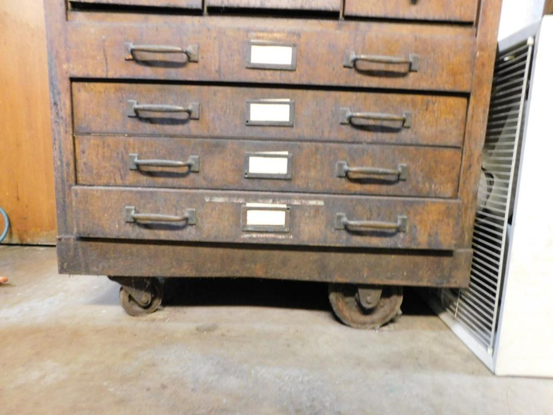 Metal Office Vintage Wood 16-Drawer Cabinet on Steel Castors w/Contents (NO CONTENTS ON TOP) - Image 4 of 13