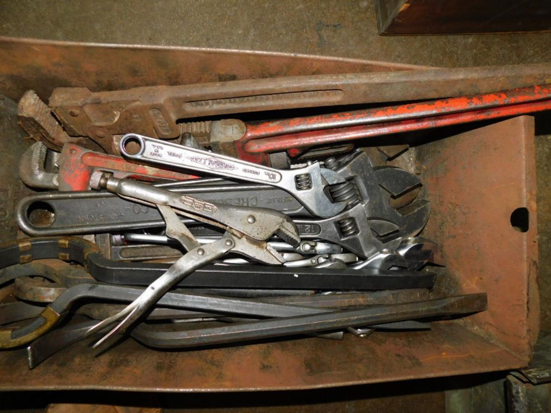 LOT: Assorted Pipe Wrenches, Adjustable Wrenches, Spanner Wrenches, Pipe Cutter, etc. in Metal Tubs - Image 4 of 4