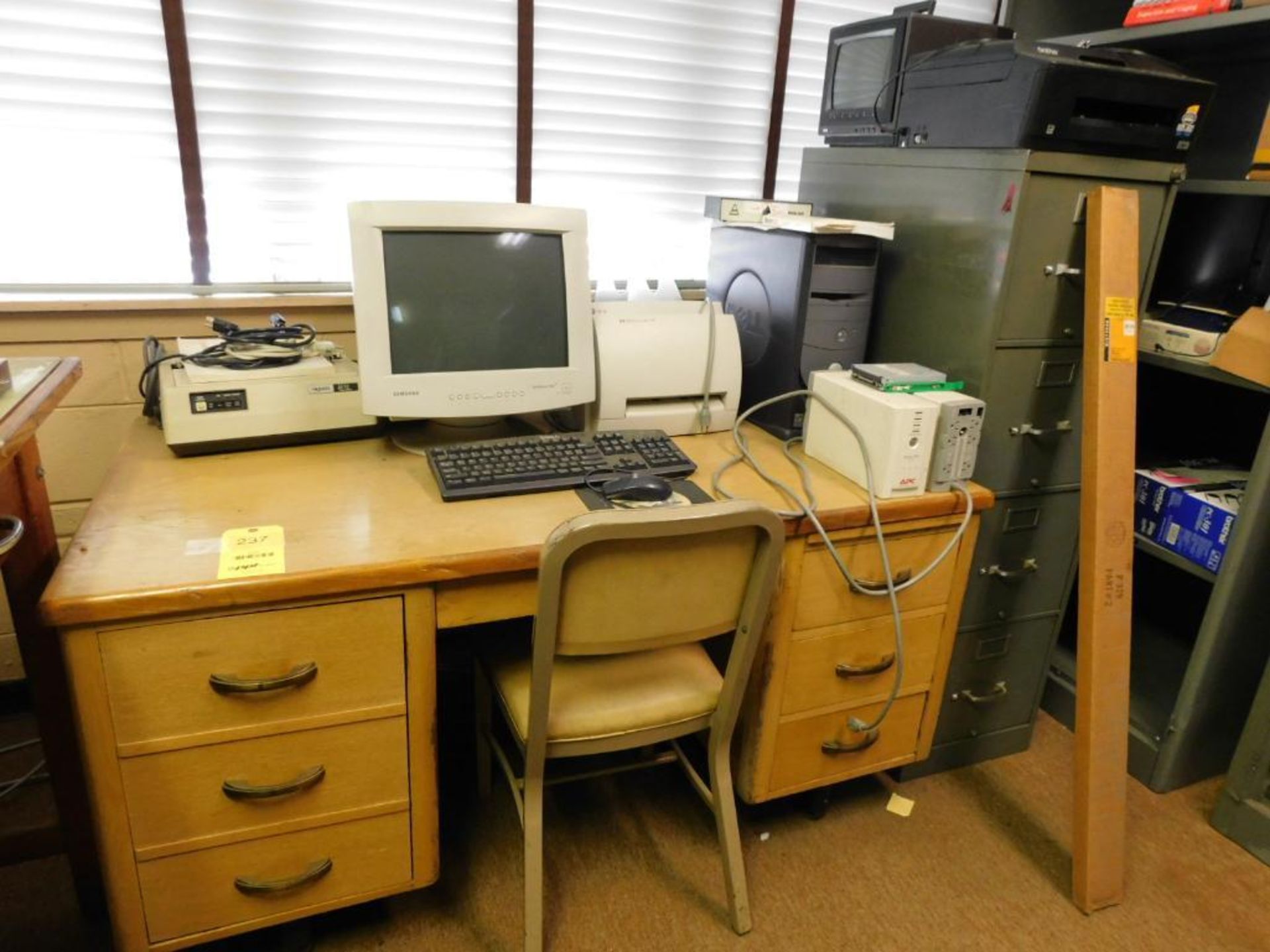 LOT: Desk w/Contents, Samsung Syncmaster 700B Plus Computer, Okidata 92 Microline, HP Laser Jet 1100