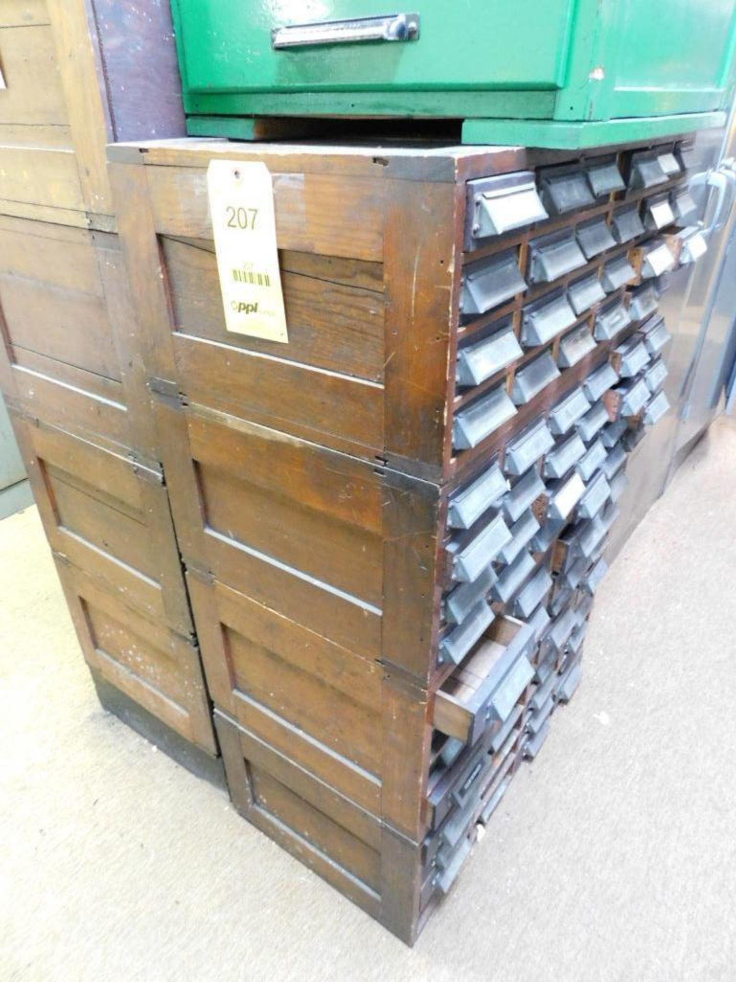 LOT: (4) Vintage Stackable 16-Drawer Wood Cabinets w/Contents, Roll Pins, Keys, Dowels, Stones, Pins - Image 2 of 11