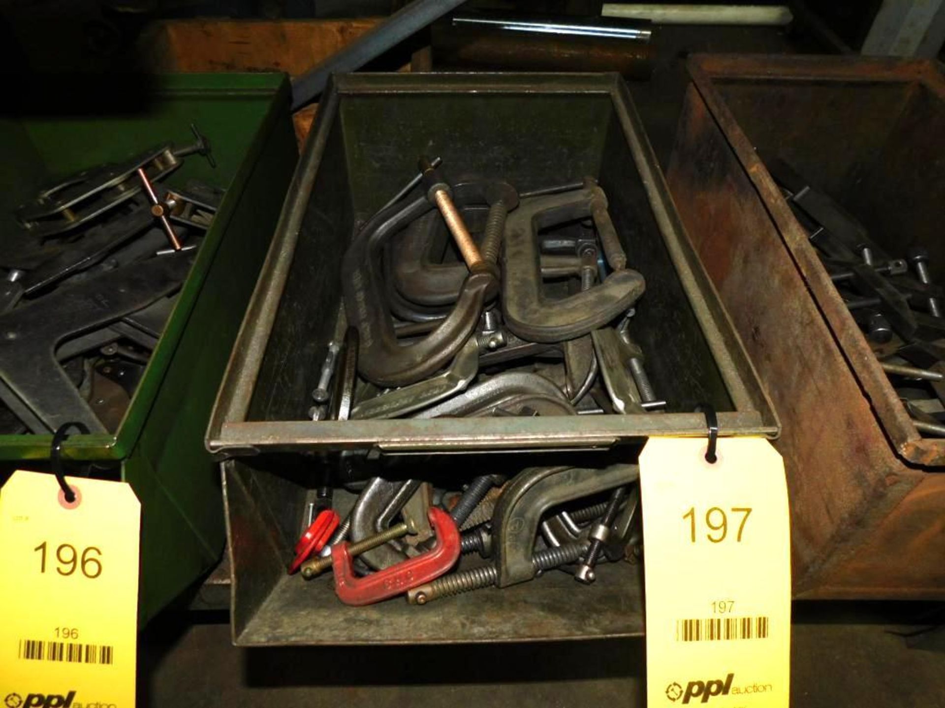 LOT: Assorted C-Clamps in Metal Tub