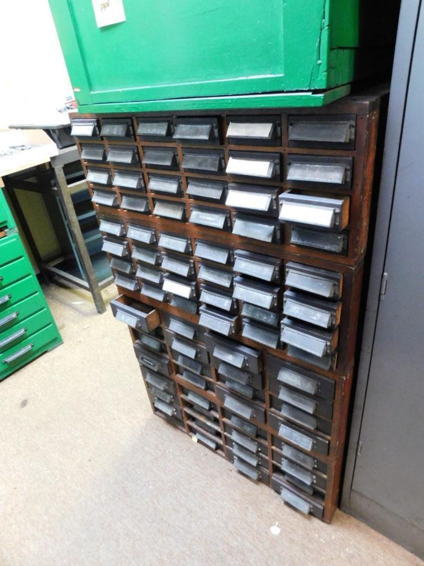 LOT: (4) Vintage Stackable 16-Drawer Wood Cabinets w/Contents, Roll Pins, Keys, Dowels, Stones, Pins - Image 3 of 11