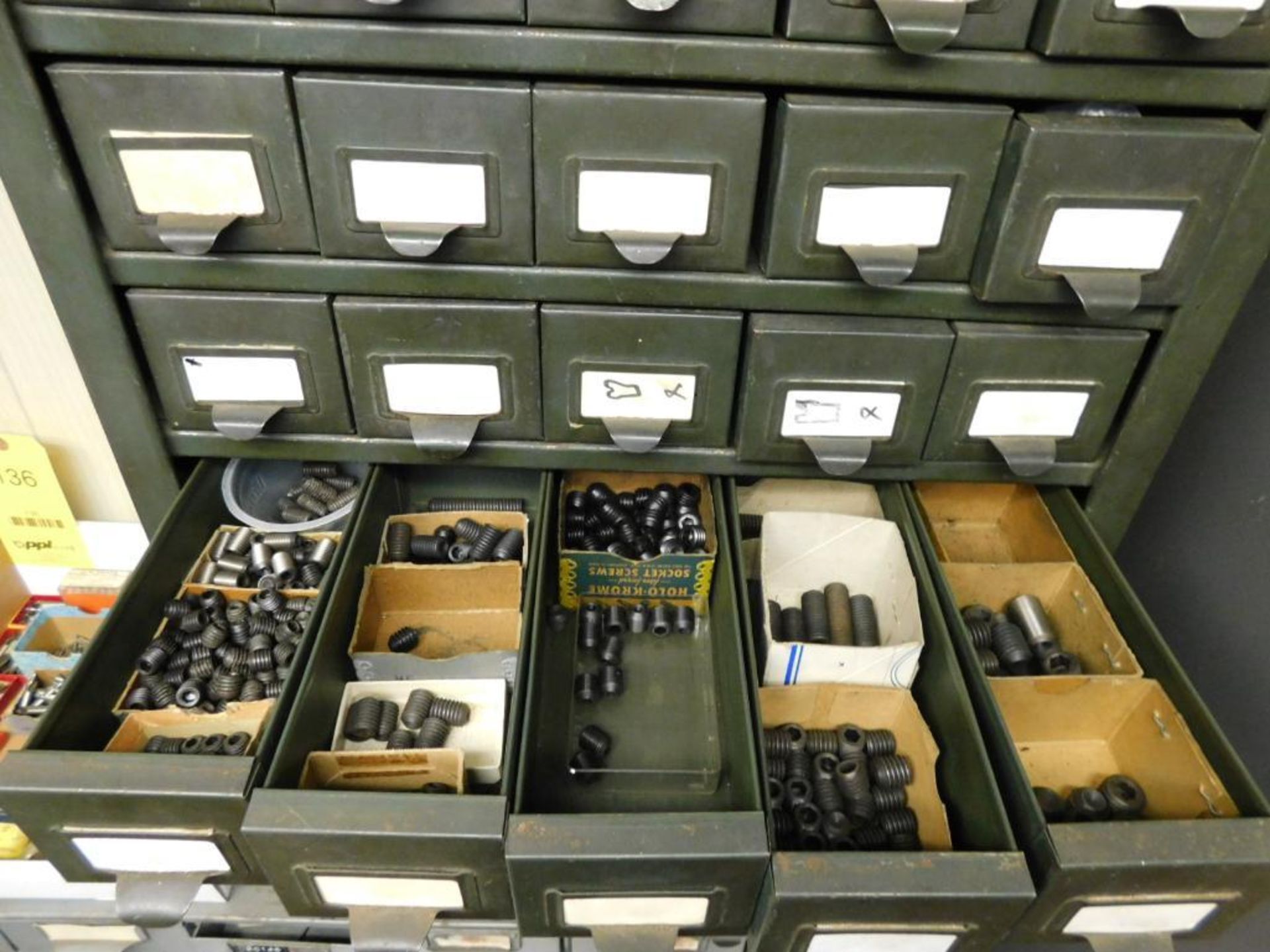 LOT: (1) 50-Drawer Parts/Hardware Cabinet w/Contents: Assorted Flat Head Sockets Cap Screw Bolts, So - Image 8 of 14