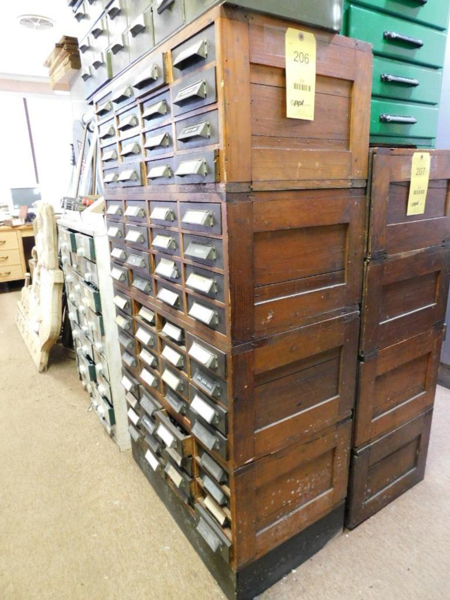 LOT: (4) Vintage Stackable 16-Drawer Wood Parts Cabinets w/Contents of Assorted Hardware, Nuts, Bolt - Image 3 of 19