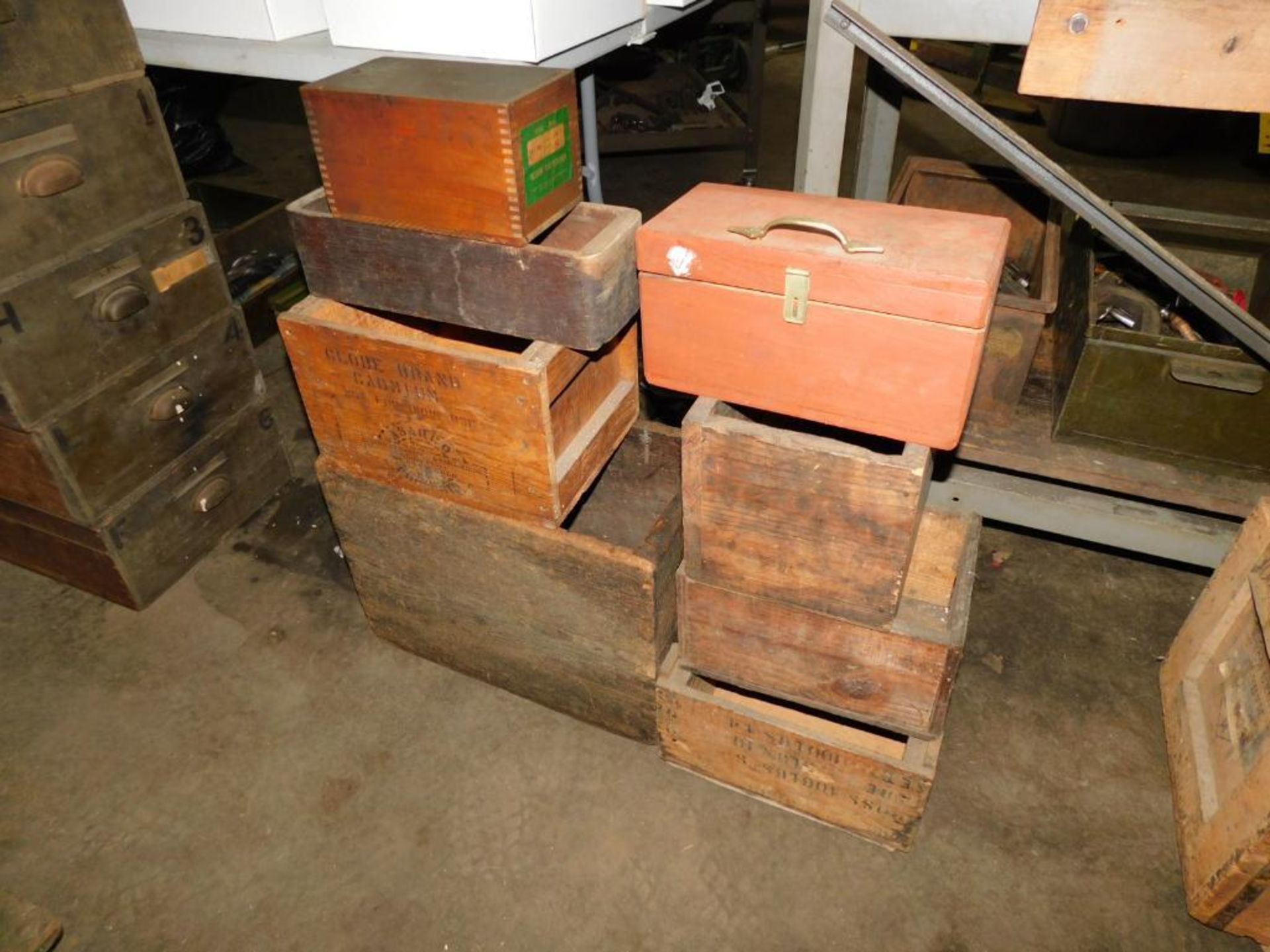 LOT: Assorted Vintage Wood Crates & Tins