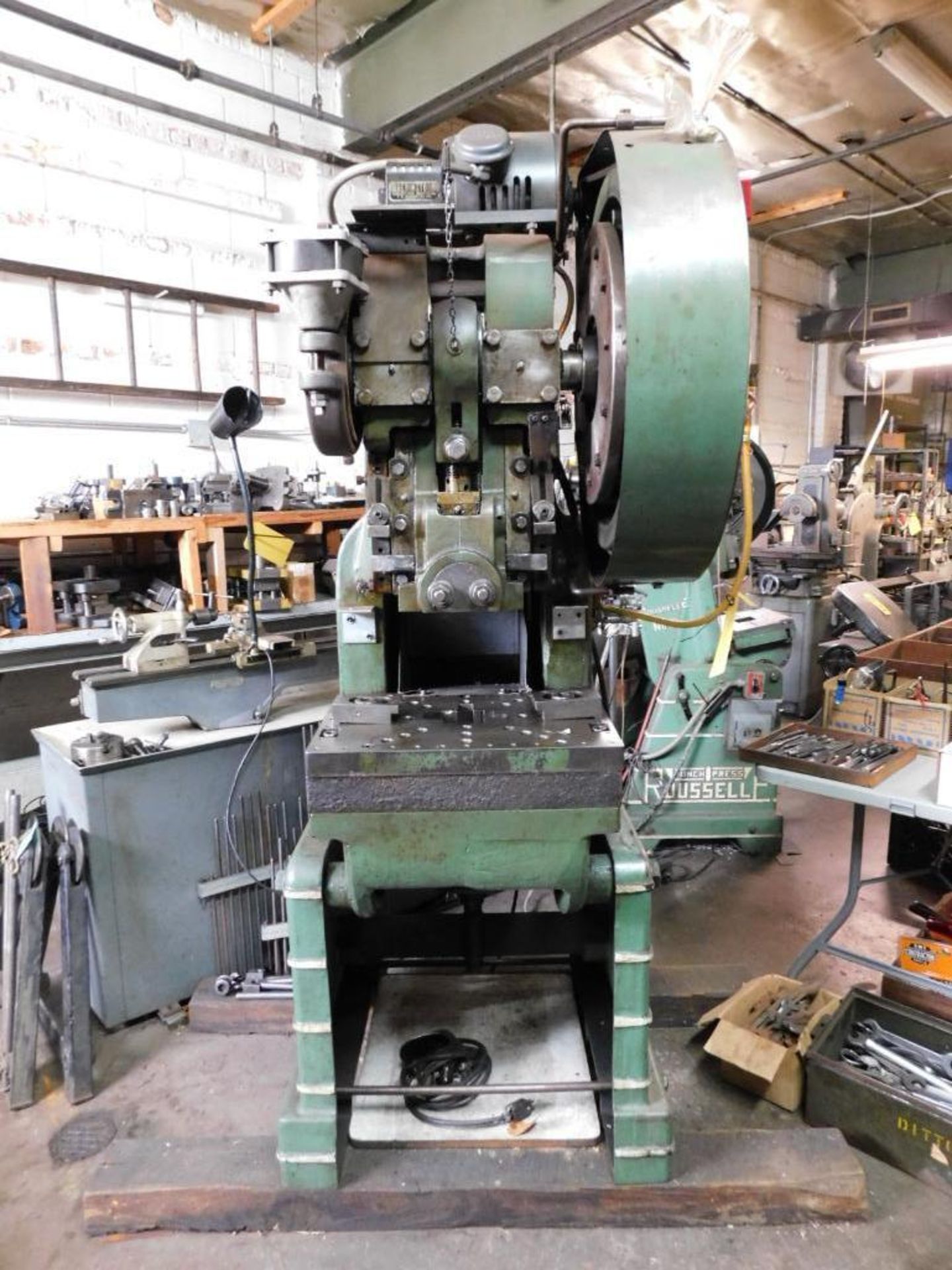 Rousselle No. 3 25-Ton OBI Air Clutch Punch Press. 2" Stroke, 7.75" Shut Height, 20"x14" Bolster Pla