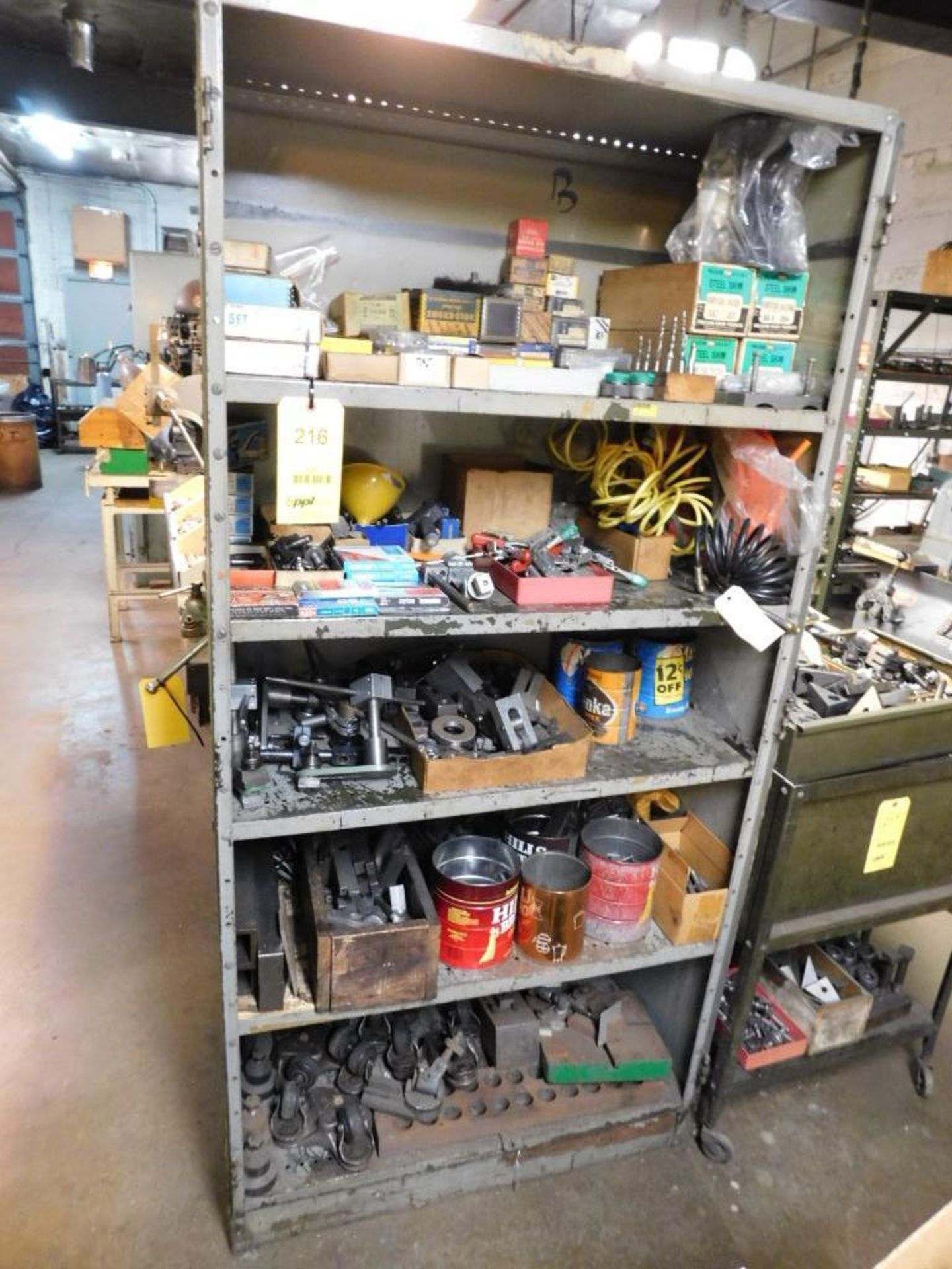 LOT: Metal Shelf w/Contents of Assorted Hardware, Steel Shim, Clamping Accessories, Hold Down Hardwa