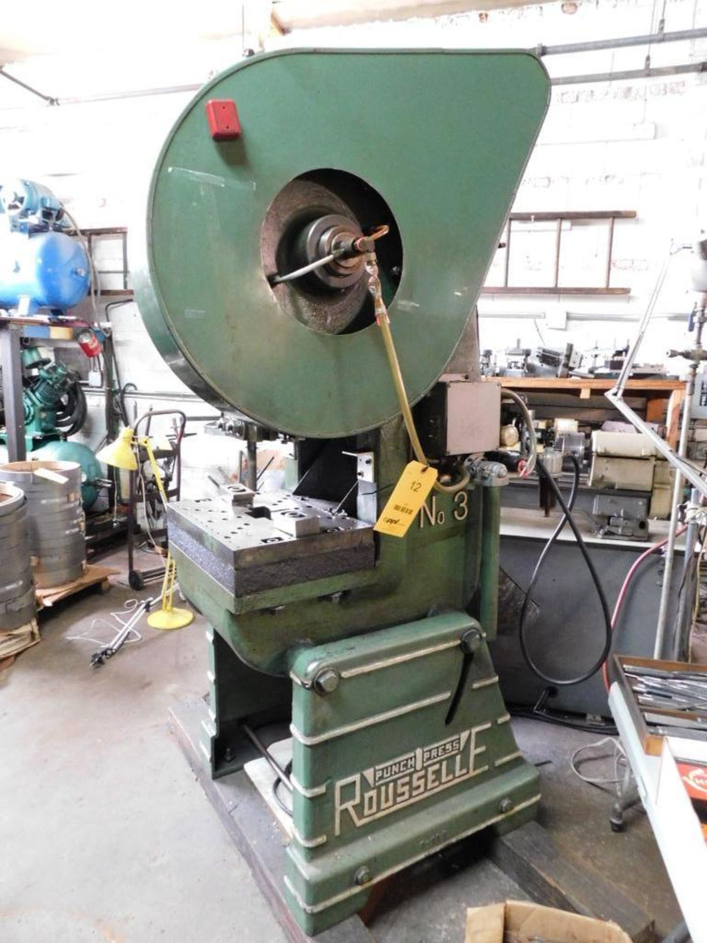 Rousselle No. 3 25-Ton OBI Air Clutch Punch Press. 2" Stroke, 7.75" Shut Height, 20"x14" Bolster Pla - Bild 3 aus 11