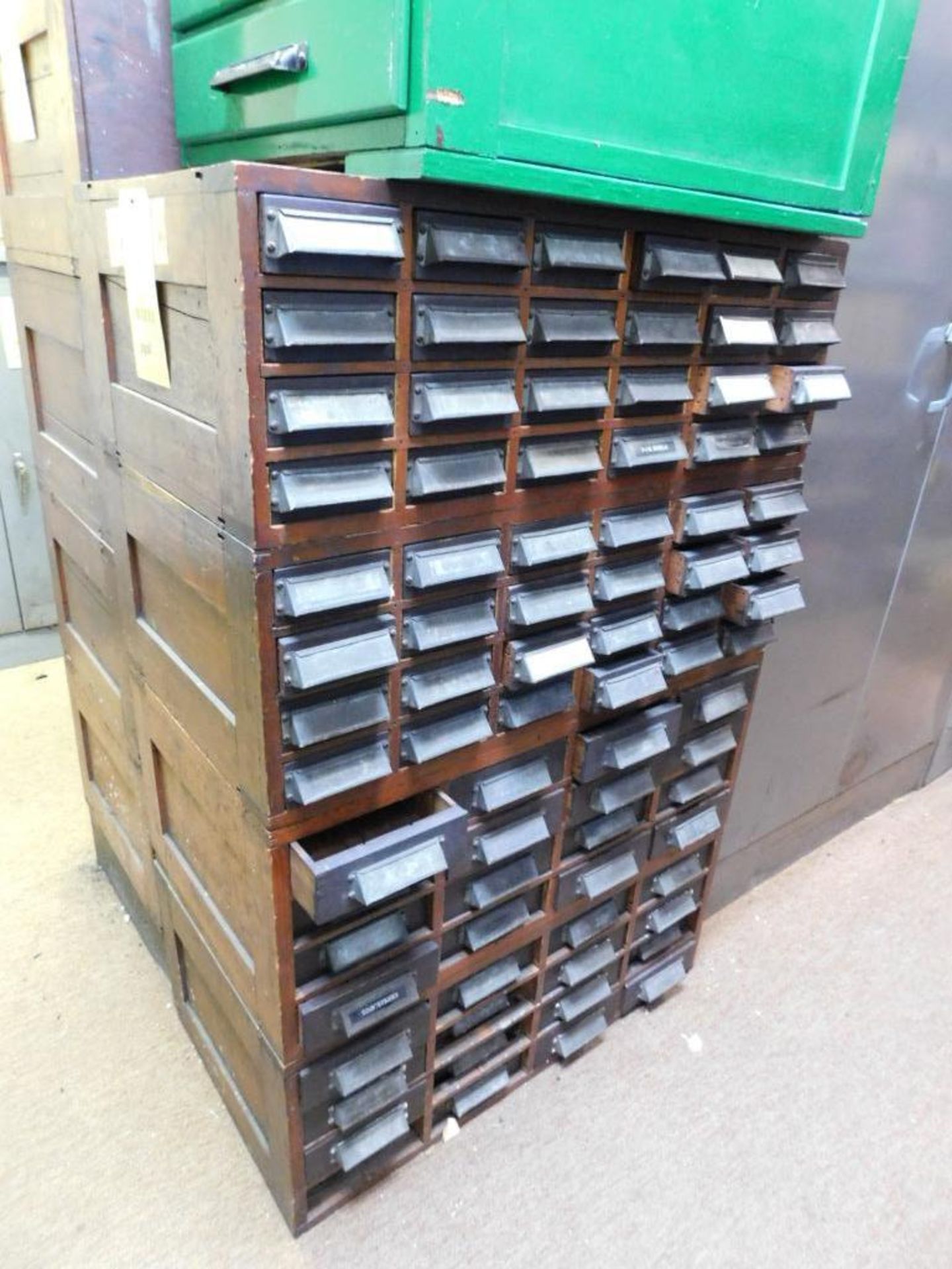 LOT: (4) Vintage Stackable 16-Drawer Wood Cabinets w/Contents, Roll Pins, Keys, Dowels, Stones, Pins